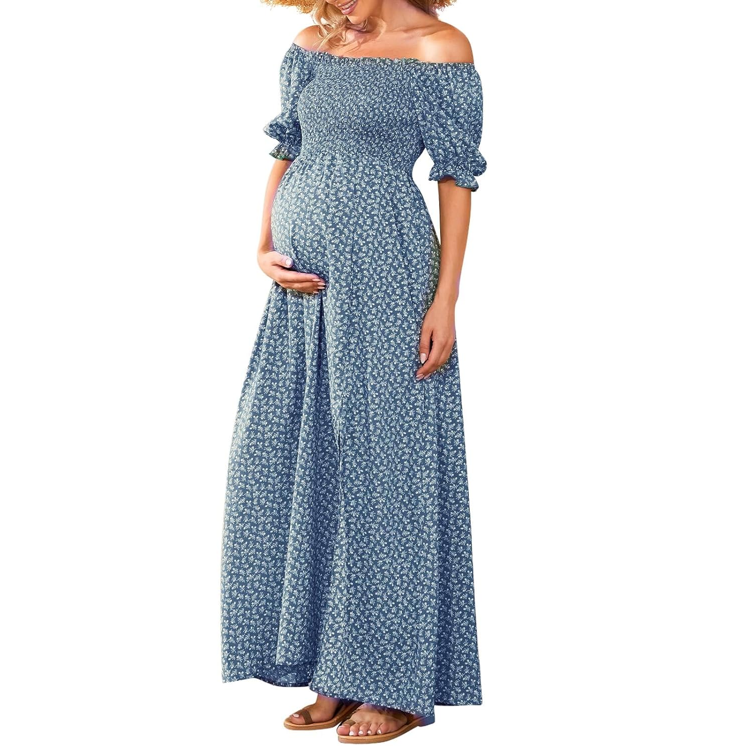 Floral Maternity Dress Square Neck Puff Sleeve Smocked Boho Photoshoot Baby Shower Pregnancy Dresses
