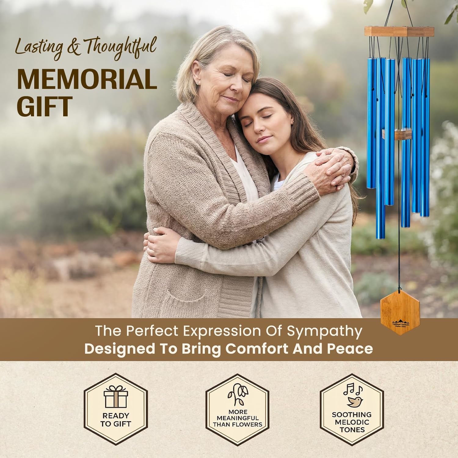 UpBlend Deep Tone Wind Chime – Outdoor Sympathy & Memorial Gift for The Loss of a Loved One, Memorial Wind Chimes, Thoughtful Sympathy Gift for Bereavement and Remembrance. 29" Blue