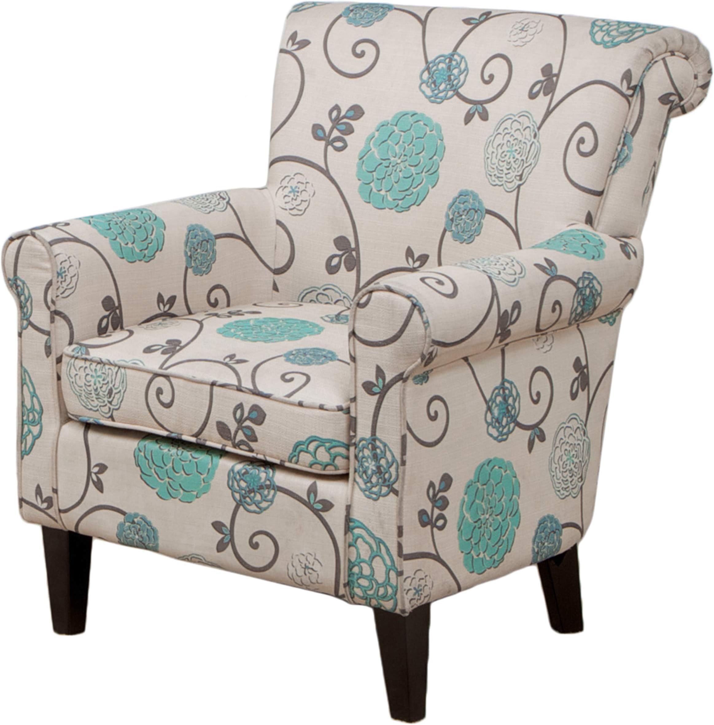 Christopher Knight Home Roseville Blue Floral Accent Lounge Chair, Decorative Club Chair, Wood, in Blue Flower and Vines Pattern