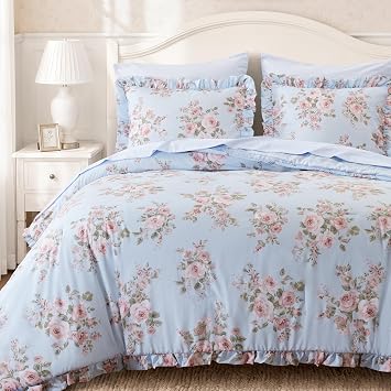 Madison Park Essentials Ruffled Floral Comforter Set Queen Size, Blue, 7PC