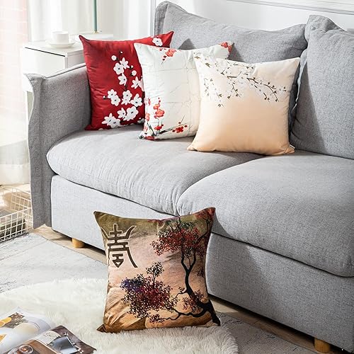 Miniatura 6 de ArtSocket Juego de 4 fundas de almohada para árbol japonés, naturaleza oriental, flores de cerezo, beige, crema, decoración del hogar, fundas de