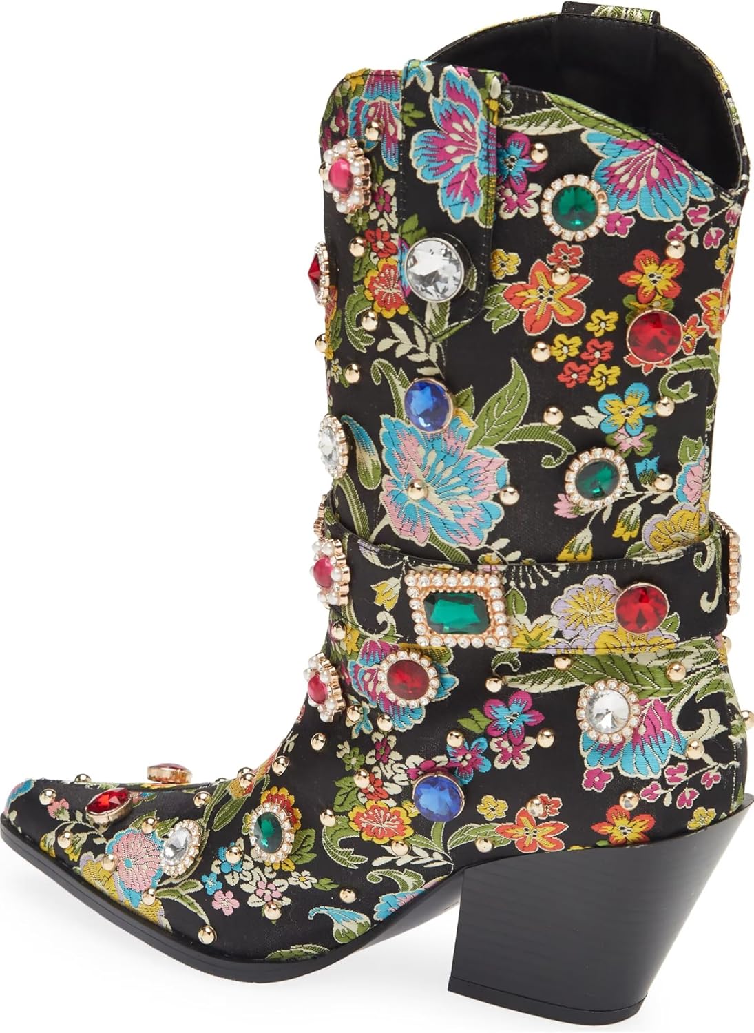 GPXGPX Western Cowboy Boots For Women Flower Embroidered Rhinestone Mid Calf Pointed Toe Chunky Heel Cowgirl Boots - Image 6