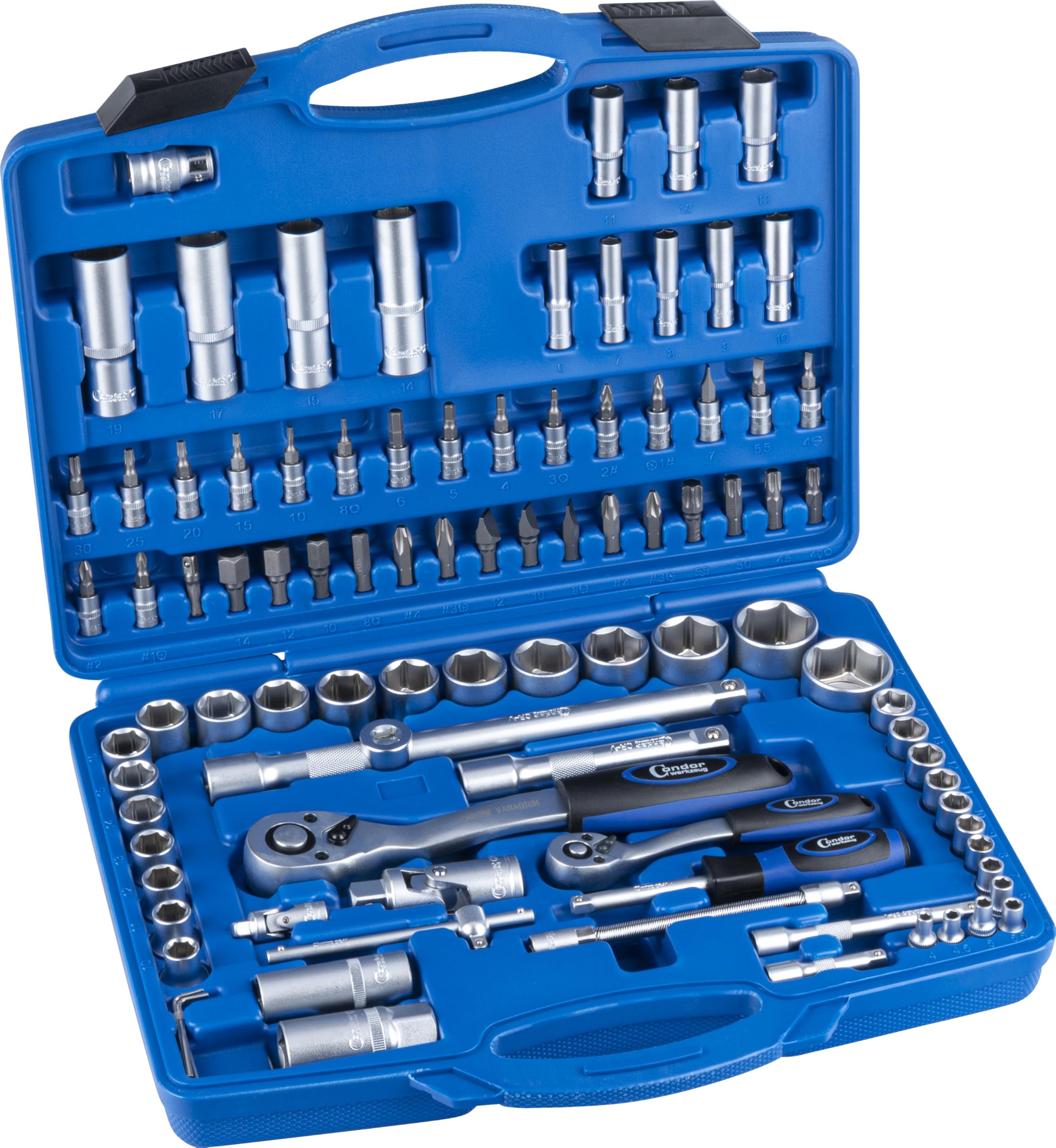 Condor Tool 1094 | Set di chiavi a bussola | 94 pezzi | 1/4" + 1/2" | 6 angoli 4 – 32 mm | Set di cricchetti professionali per officina e fai da te