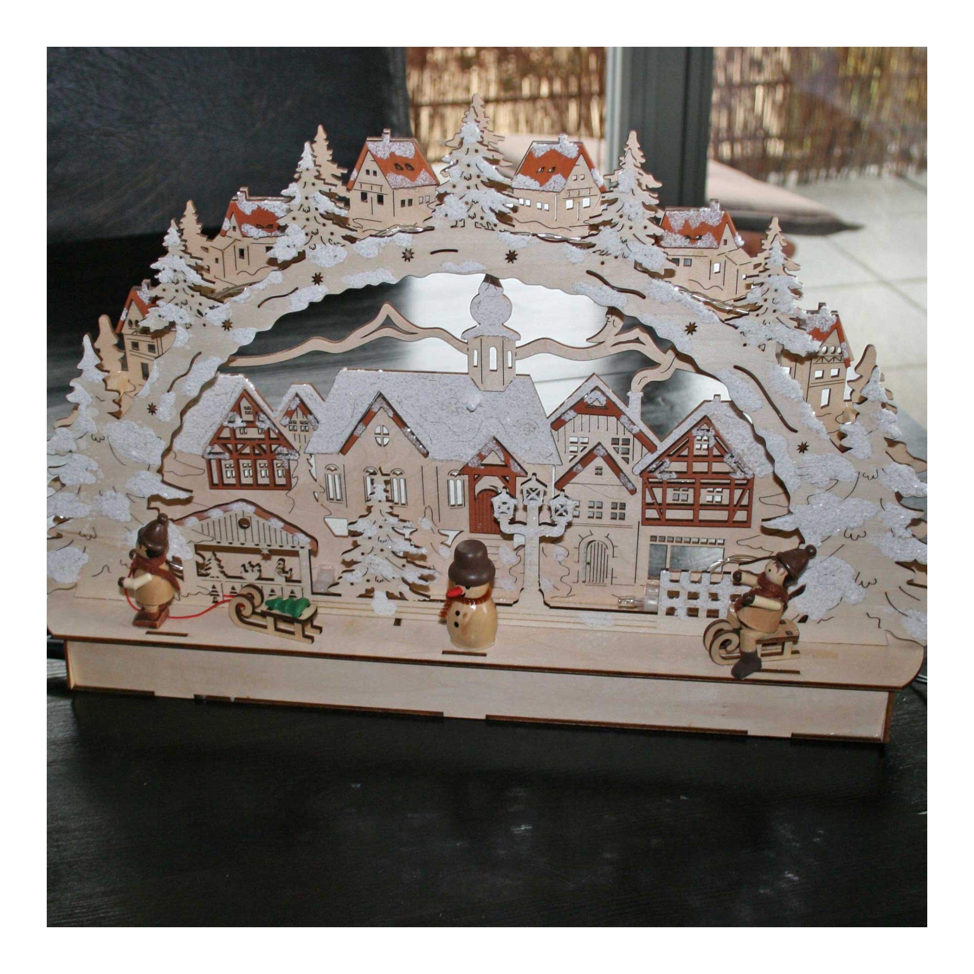 3D Holz-Schwibbogen Stadt mit Winterkindern Lichterbogen hell (Natur)
