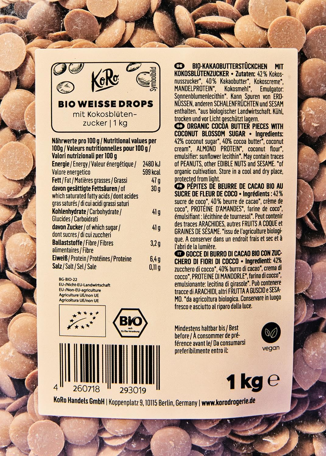 KoRo – Pépites de beurre de cacao bio au sucre de coco 6 x 1 kg – Goût sucré et caramélisé – Vegan – Idéal pour pâtisserie