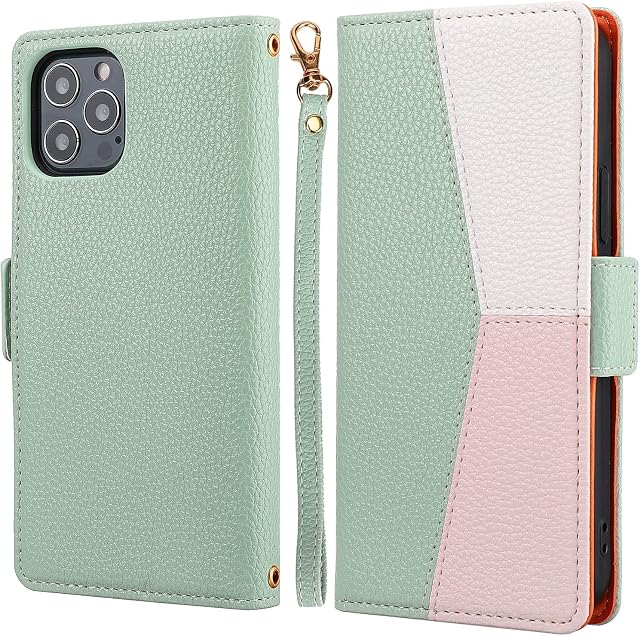 ZCDAYE Phone Case for iPhone 11 Wallet Case with Card Slots Wrist Strap, Folio Flip Leather Cover for iPhone 11 - Splicing Green