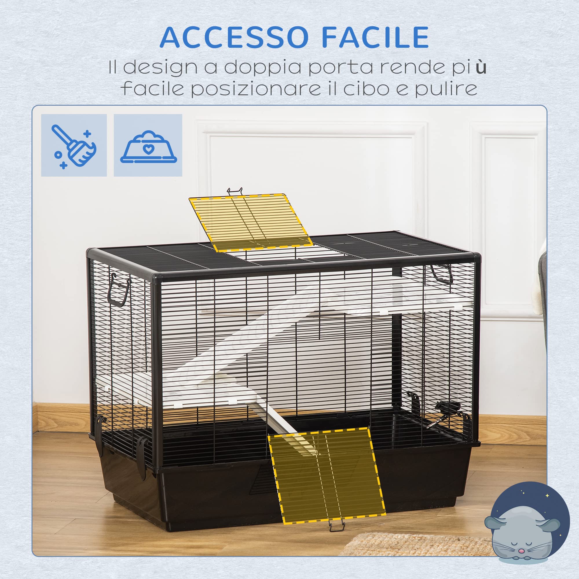 PawHut Gabbia per Porcellino d'India e Criceti con Maniglia 80x48x58cm Nera | Serbatoio d'Acqua, Rampa, Piatto per Cibo