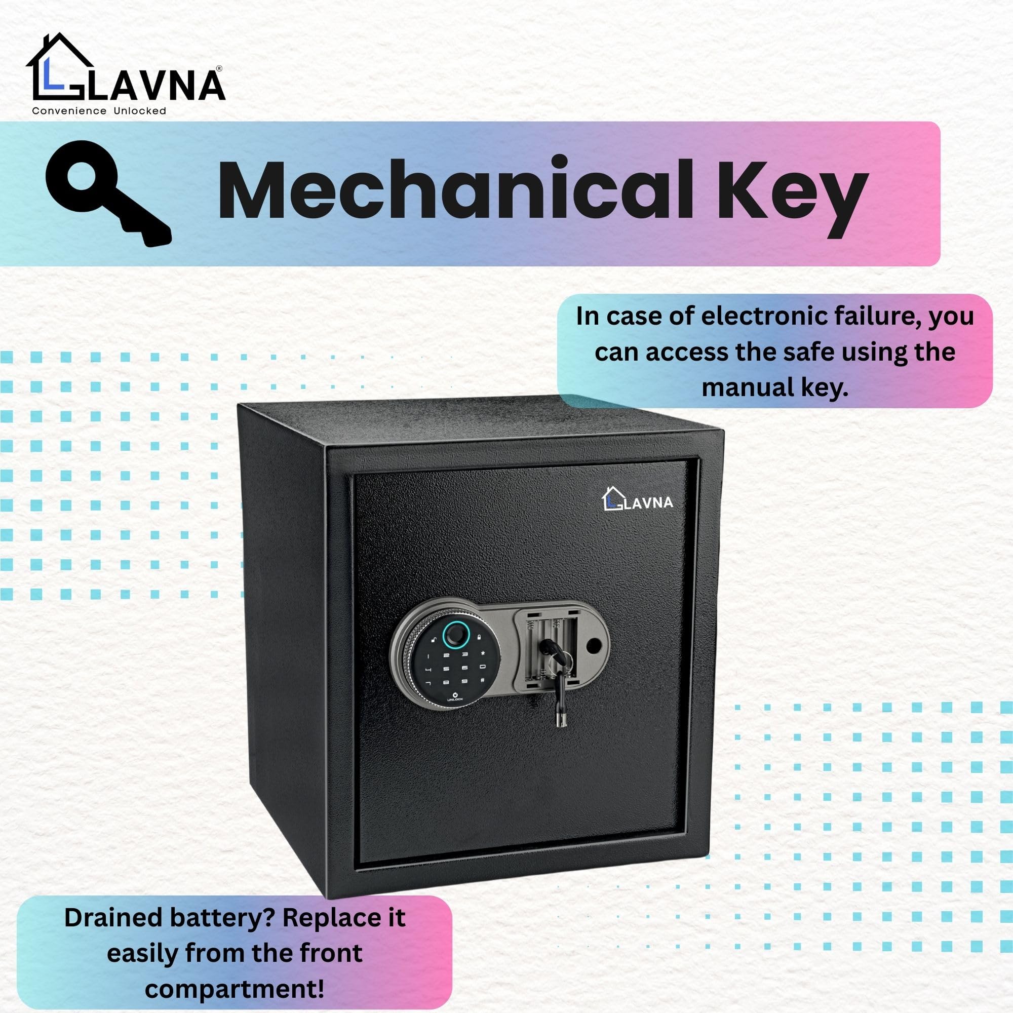 LAVNA Smart Safe Locker | 5 way access | Fingerprint, Mobile app, PIN, OTP & Key Access | 304 Grade SS bolts suitable for Jewellery, Cash, Document & other valuable of Home Office Tijori (Gross 39L) — Amazon image 6