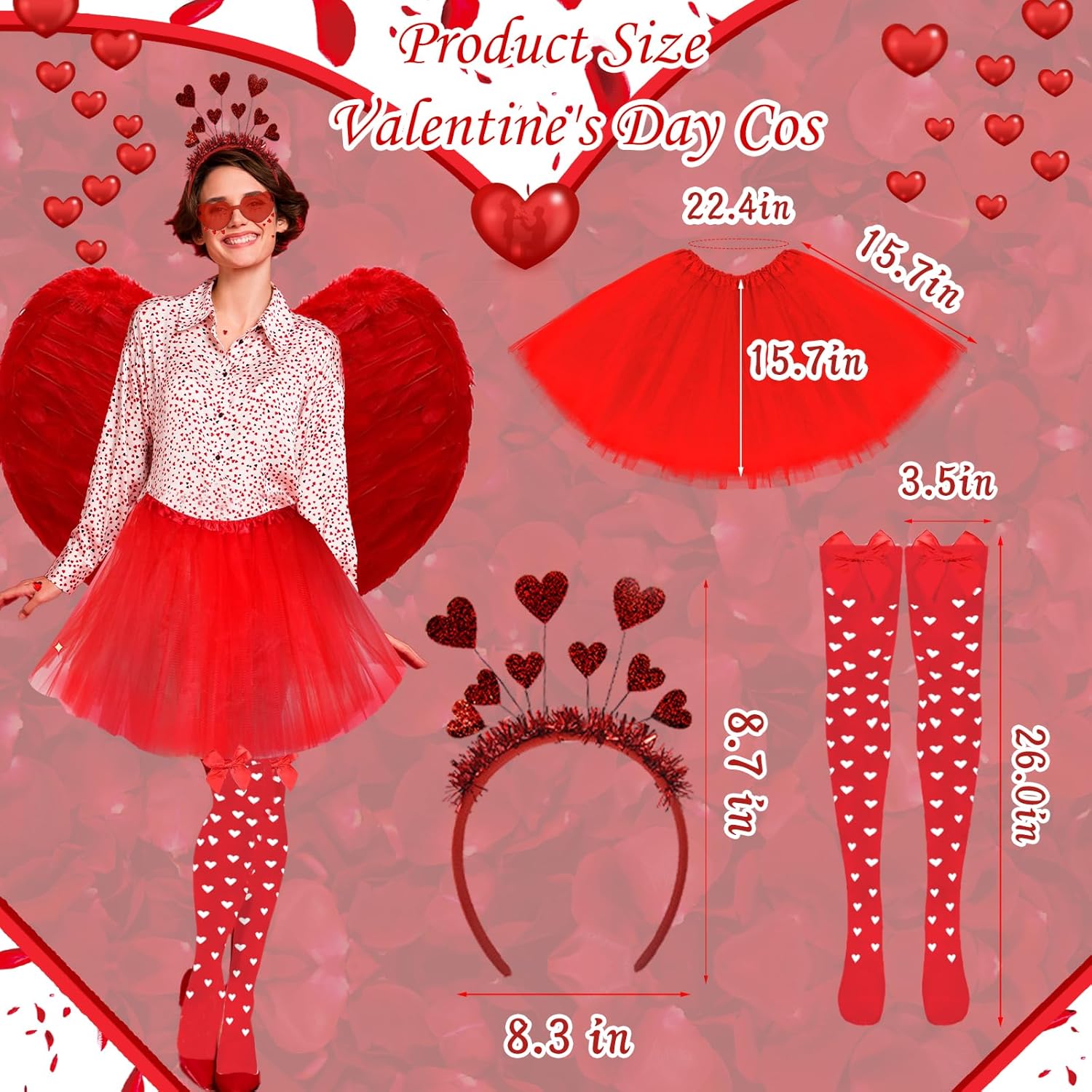 8 Pcs Valentine's Day Cupid Costume Women Adult, Cupid Bow and Arrow, Red Angel Wings, Bow High Stockings, Tutu Skirt, Sequins Heart Shape Headband Sunglasses for Valentines Cosplay - Image 3