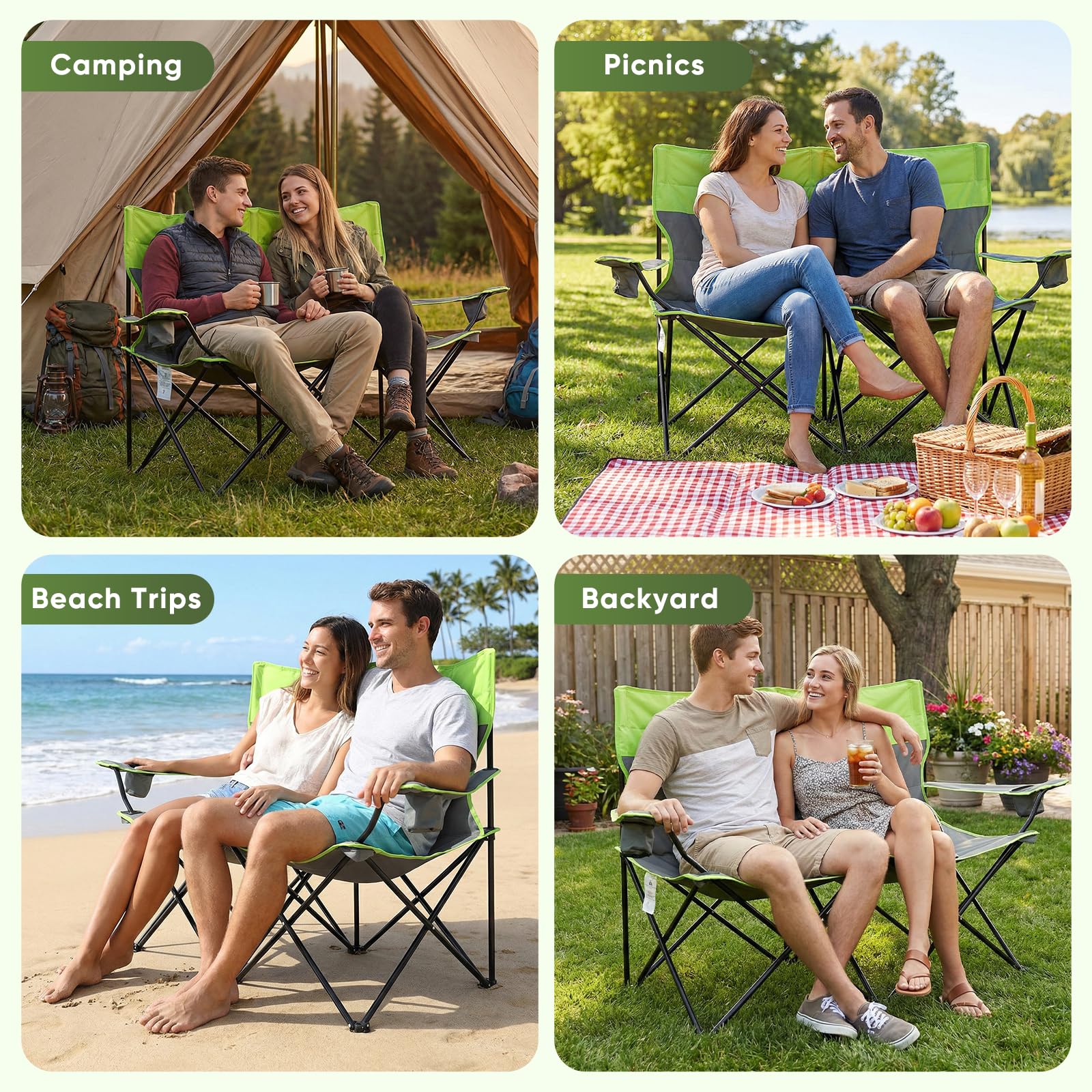 Campingstuhl Faltbar für 2 Personen, Klappstuhl Camping mit Getränkehaltern, Armlehnen & Tragetasche, Doppelfaltbarer Campingstuhl, Trägt bis 200kg, Faltstuhl für Camping Picknick Strand