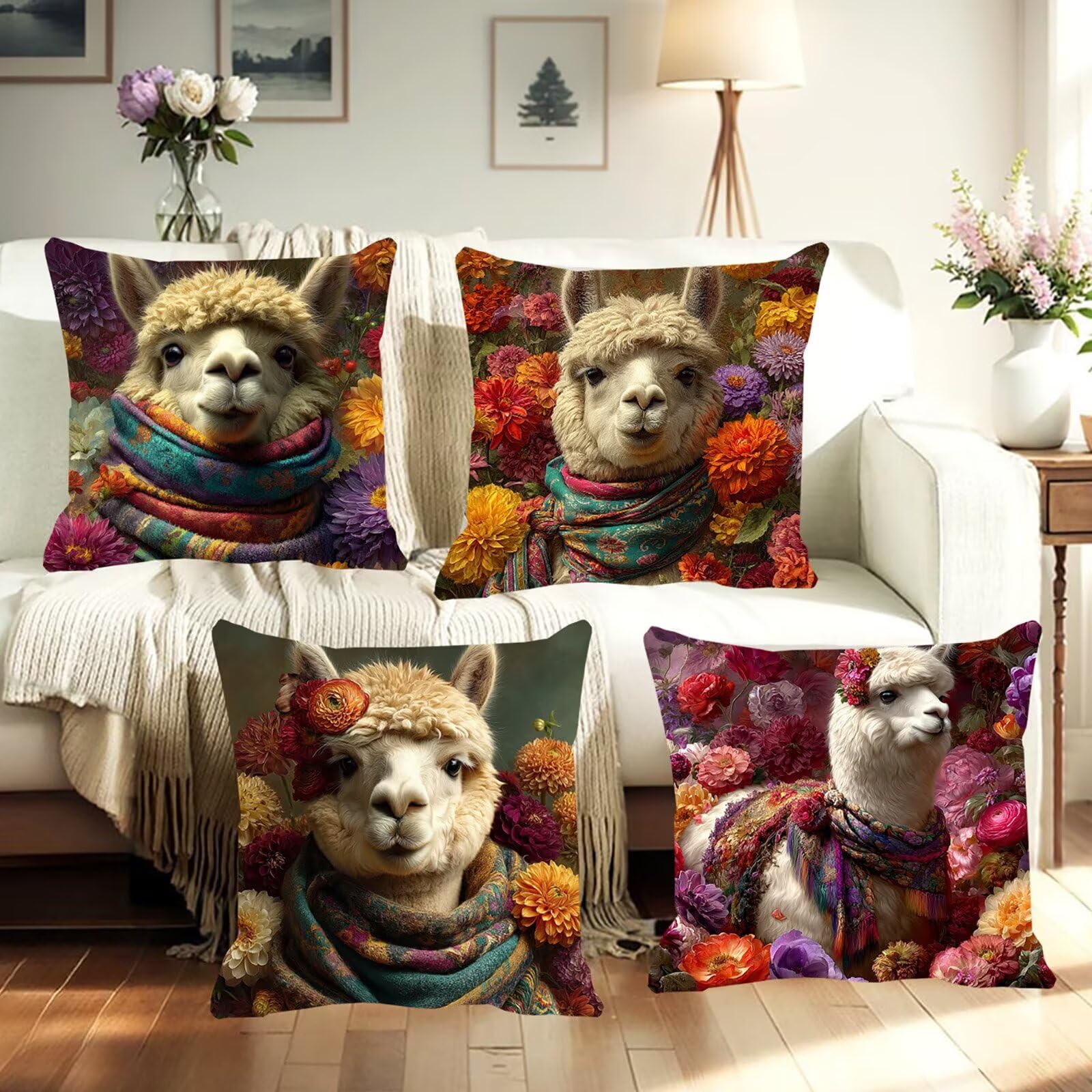 Lot de 4 Housses de Coussin Canapé 60x60cm Décoratives Double Face Taie d'oreiller en Velours Alpaga Coussin Carré Fleurs Taie d'oreiller pour Chambre, Bureau, Jardin Salon Canapé Voiture Ferme F0P660