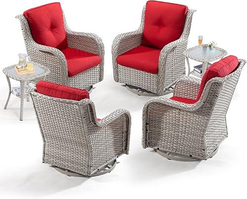 Miniatura 12 de Joyside Juego de 2 sillas giratorias para patio al aire libre y mesa auxiliar a juego, juego de 3 piezas de mimbre para patio con cojines de tela