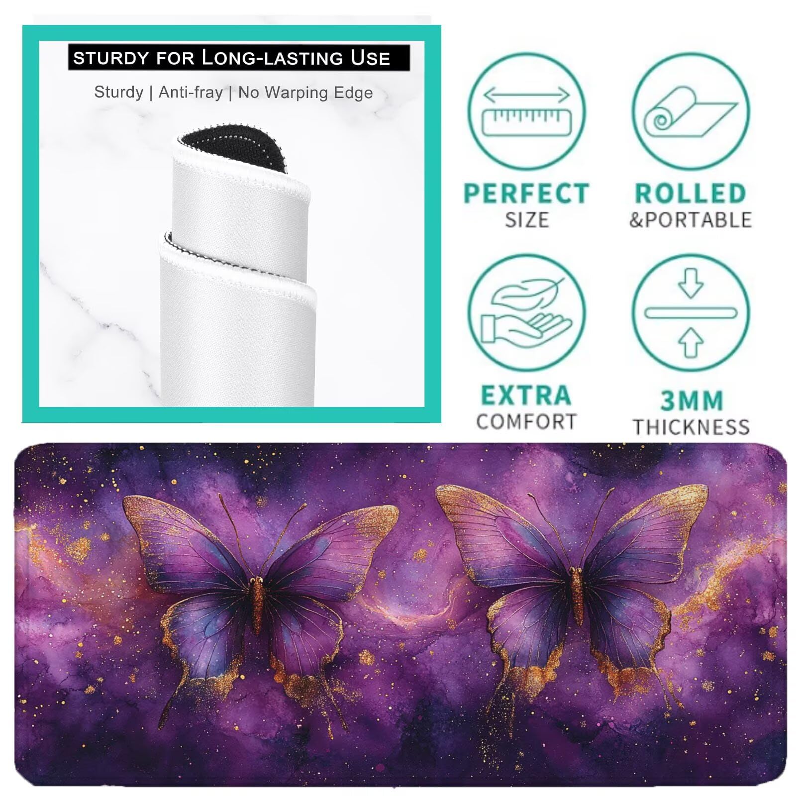 Podkładka pod mysz fioletowa XXL 1200 x 600 mm mata biurkowa motyl podkładka pod mysz jednoczęściowa antypoślizgowa gumowa podstawa zszyte krawędzie wodoodporna antypoślizgowa podkładka pod mysz do