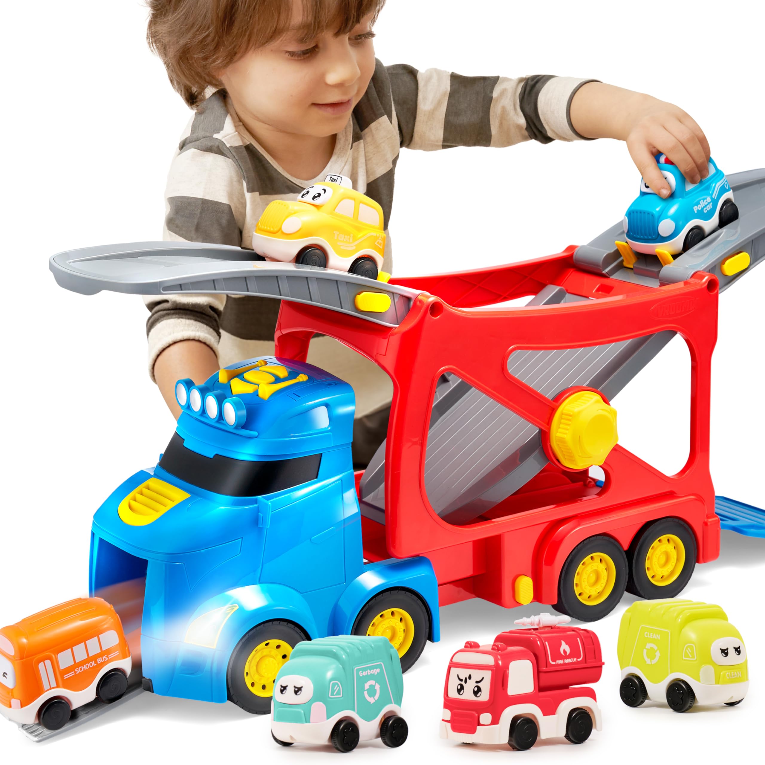 VROOMIX Bardzo duża ciężarówka miejska 7 w 1 dla chłopców i dziewczynek, duży pojazd transportowy z 6 wózkami, wysuwaną głowicą, dźwiękami i światłami, prezent urodzinowy dla dzieci od 3 lat