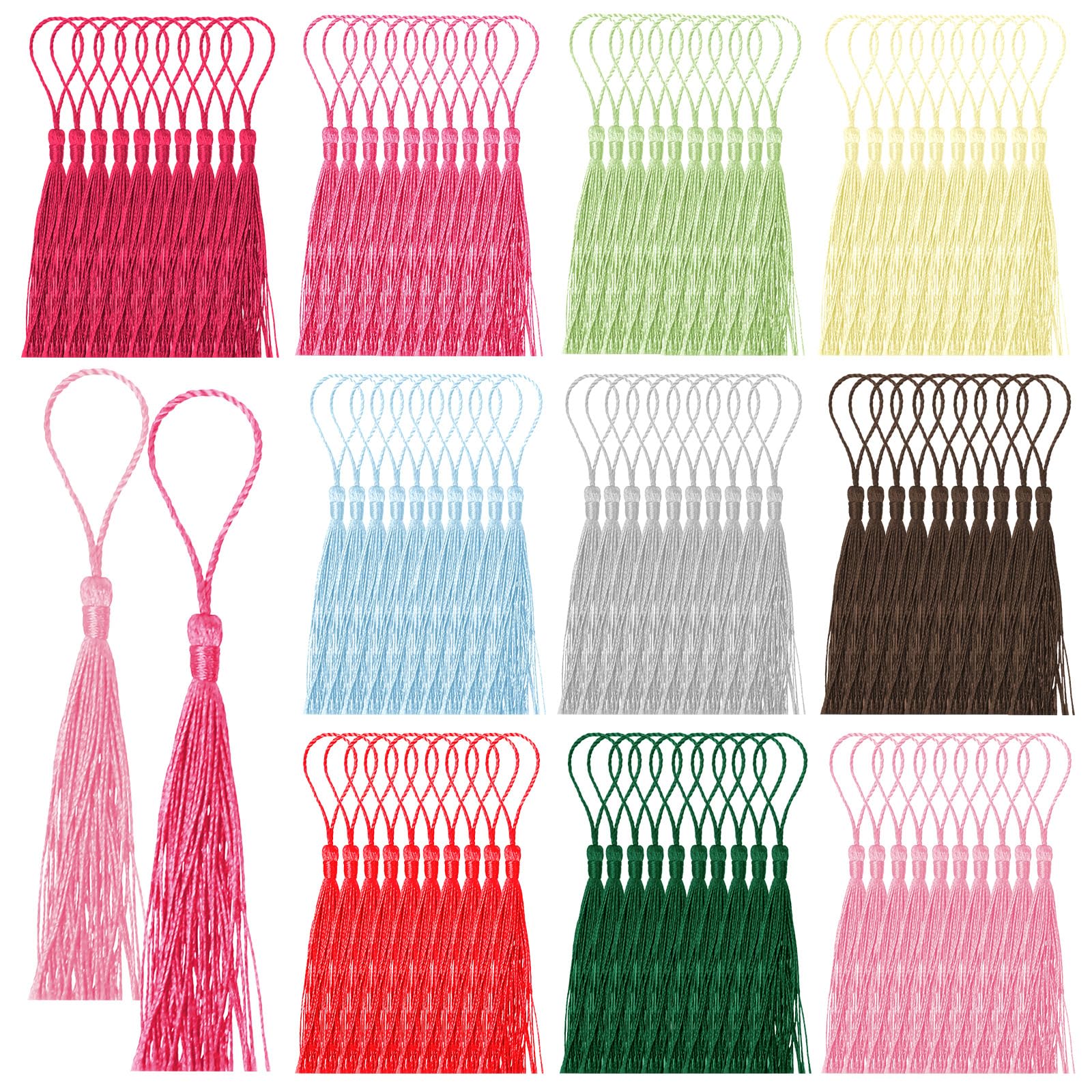 Cimeton 200PCS 10 Colors Silky Handmade Soft Craft Mini Tassels with Loops Multicolored Silky Tassel Bookmark Tassels for Bookmark Jewelry Making