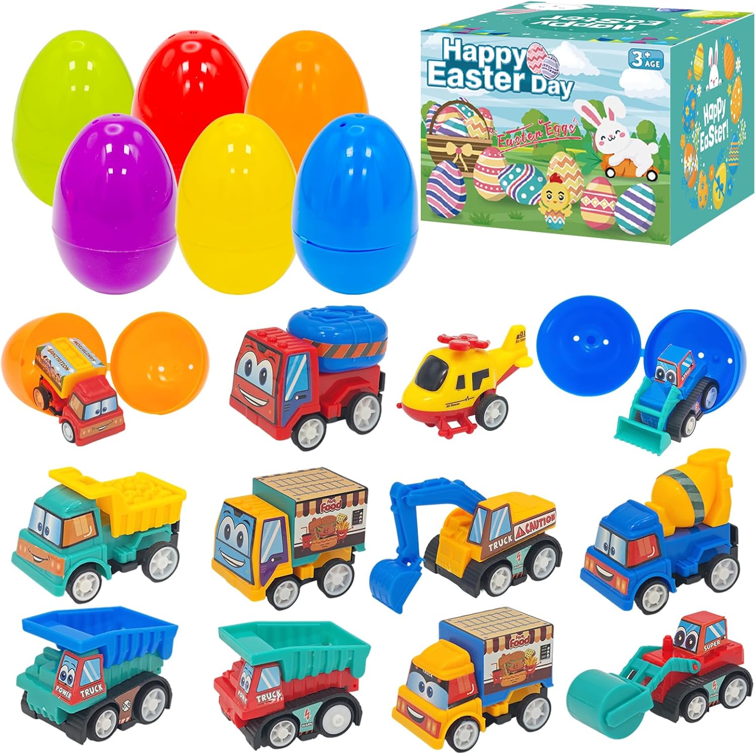 AngKng 12PCS Prefilled Easter Eggs with Pullback Construction Truck Toys, Plastic Eggs with Engineering Vehicles, Basket Fillers Egg Hunts for Kids, Classroom Party Favor for Boys