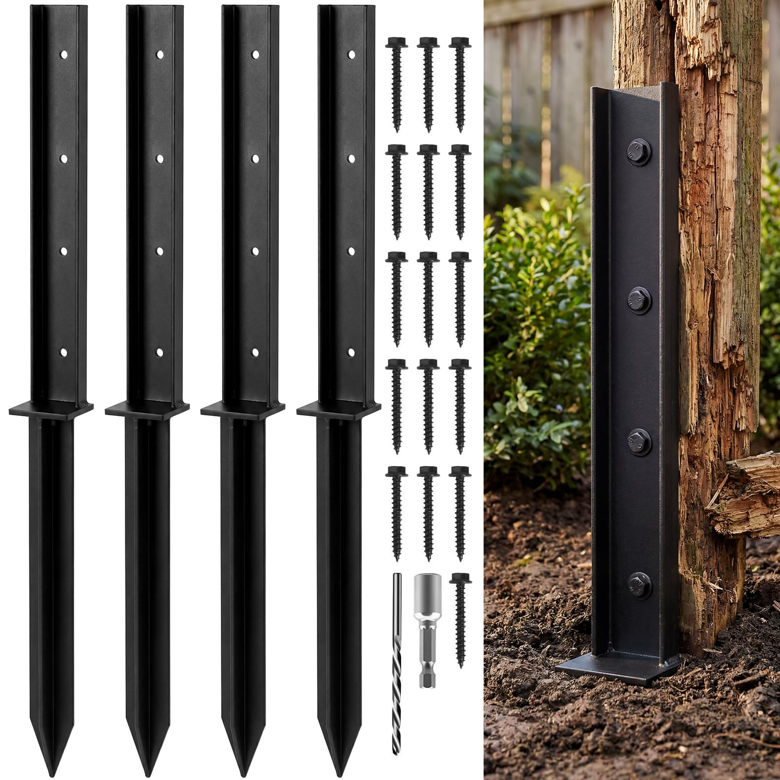 Fence Post Repair Kit,4 PCS 81 cm Heavy Duty One-Piece Steel Fence Post Repair Stakes with Screws and Drill Bit for Leaning, Broken or Rotten Wooden Fence Posts