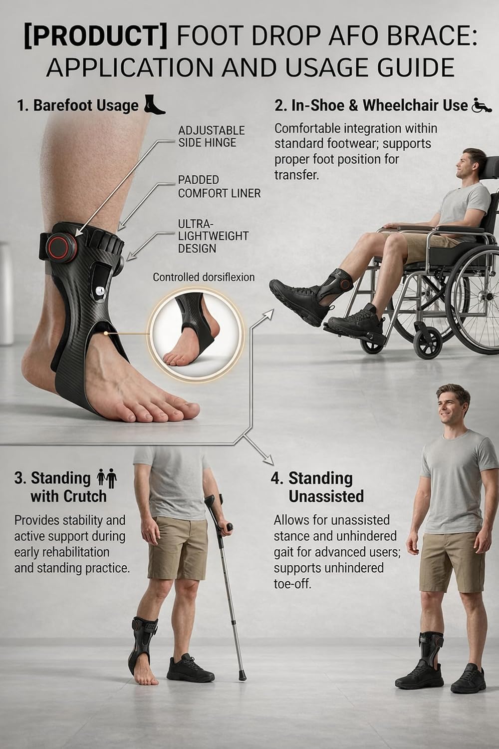 Ankle Support Brace with Air Cushion for Walking, Adjustable Rigid Foot Stabilizer for Men & Women, Lightweight Plastic Ankle Support to Wear with Shoes, Comfortable Daily Walking Support (Large, Left)