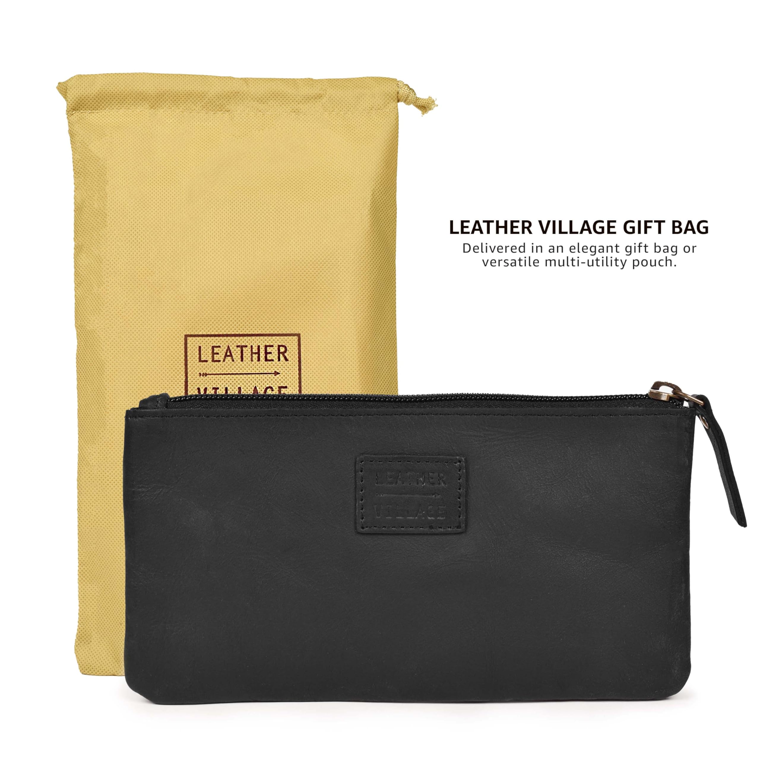 LEATHER VILLAGE Leather Pencil Pouch Pen Case, Matte Black, 8"X4"- Double Pocket - Image 3