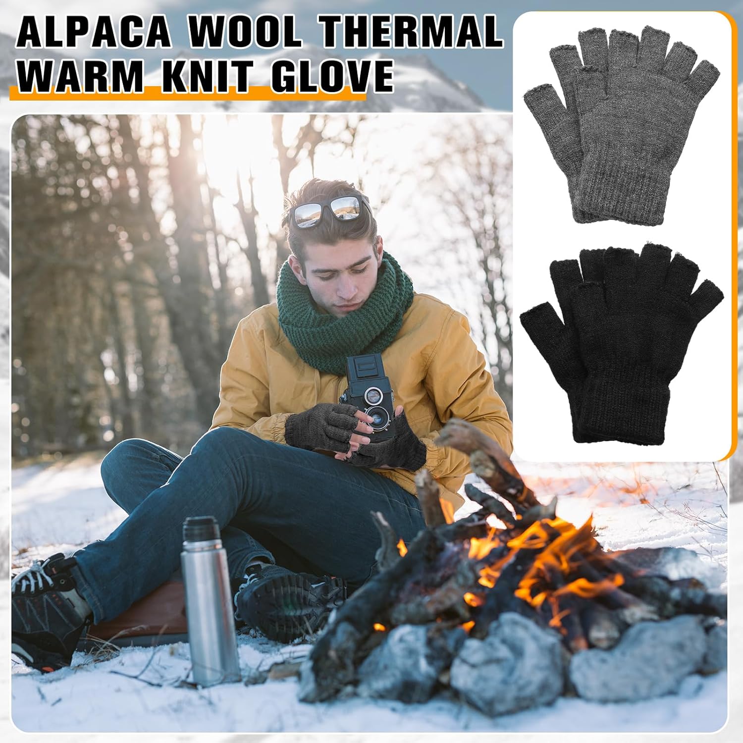 Bonuci 6/2 Pairs Alpaca Knit Fingerless Gloves for Men Women Half Finger Winter Glove for Typing Driving - Image 5