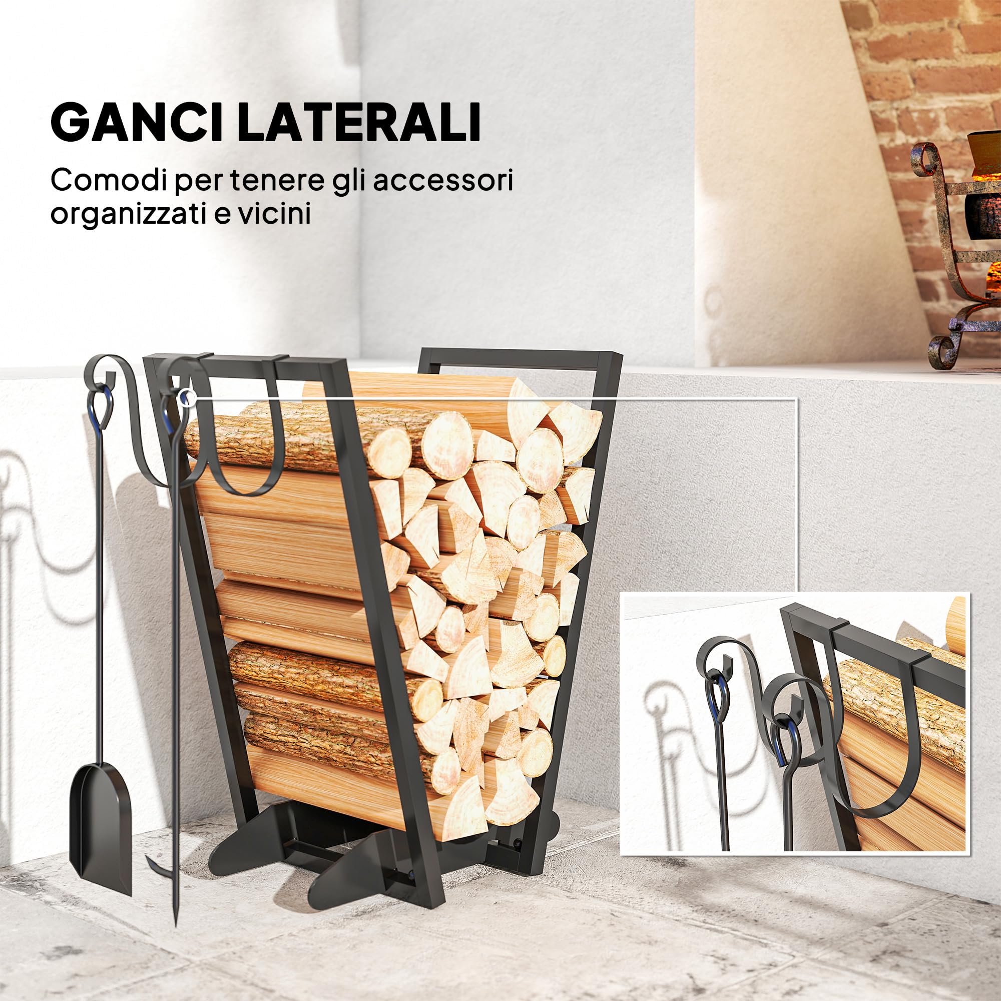 Outsunny Scaffale Portalegna da Esterno e Interno con Ganci in Acciaio, Legnaia Design Moderno con Base Rialzata, 45x32x58cm, Nero