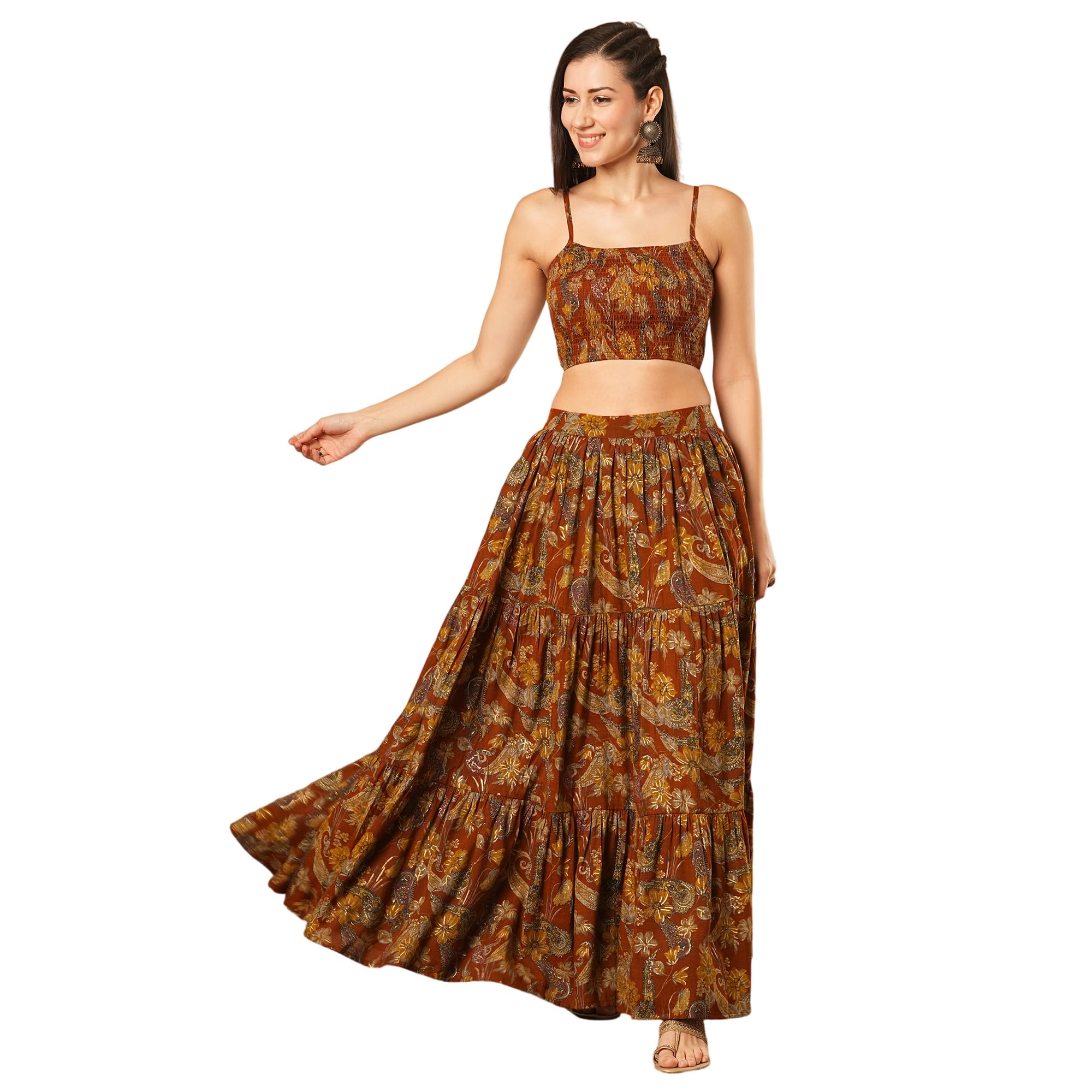 globus Women Yellow Allover Geometric Print Zari Embroidered Yoke Short Kurti & Matching Flared Palazzo Festive Co-Ord Set-picture-10