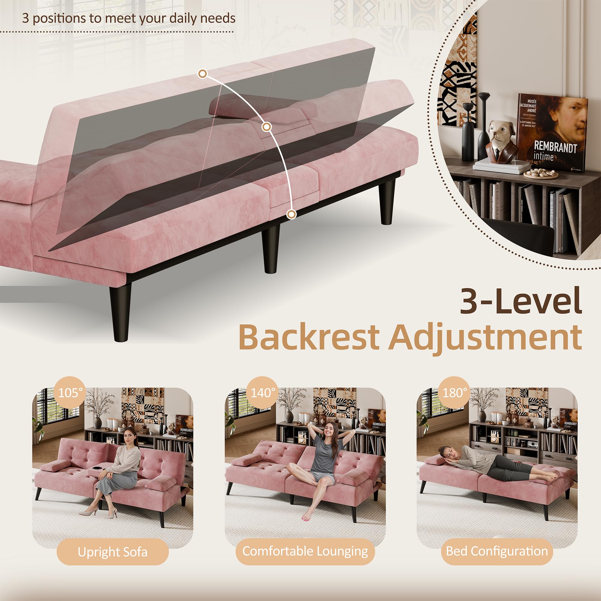 Shintenchi 64" Futon Sofa Bed, Velvet Foldable Couch, Reclining Sleeper with Removable Armrests, Upholstered Loveseat Sofa Couch with Folding Cup Holders for Home, Office, Pink