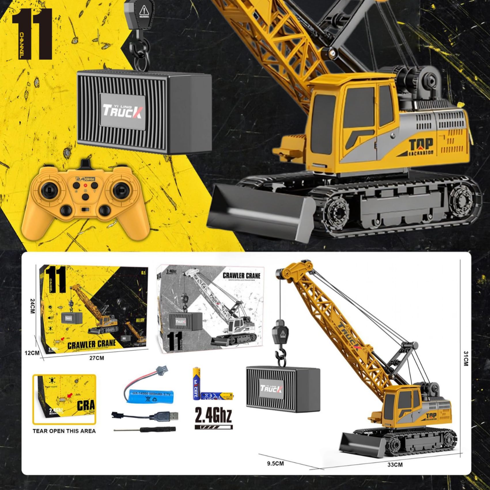 Gru Telecomandata Bambini, Camion Gru 11 Canali Veicolo da Cantiere RC 1:20 con Gancio e Rotazione 360°, Giocattolo Auto Radiocomandata con Luce e Suono, Regalo Bambini 3-8 Anni