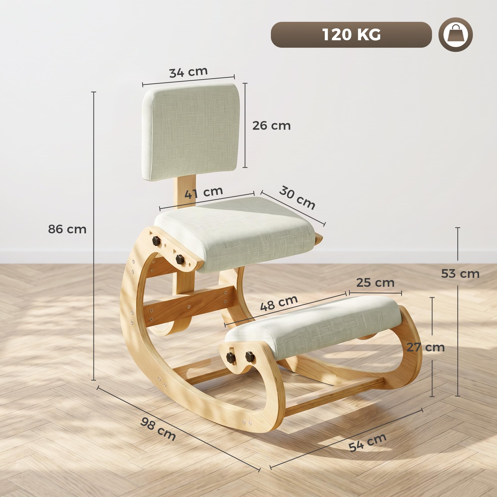 HOMCOM Silla ergonómica de Rodillas con Respaldo, Base Mecedora de Abedul, Tela Tipo Lino y Espuma, para casa/Oficina, Blanco Crema