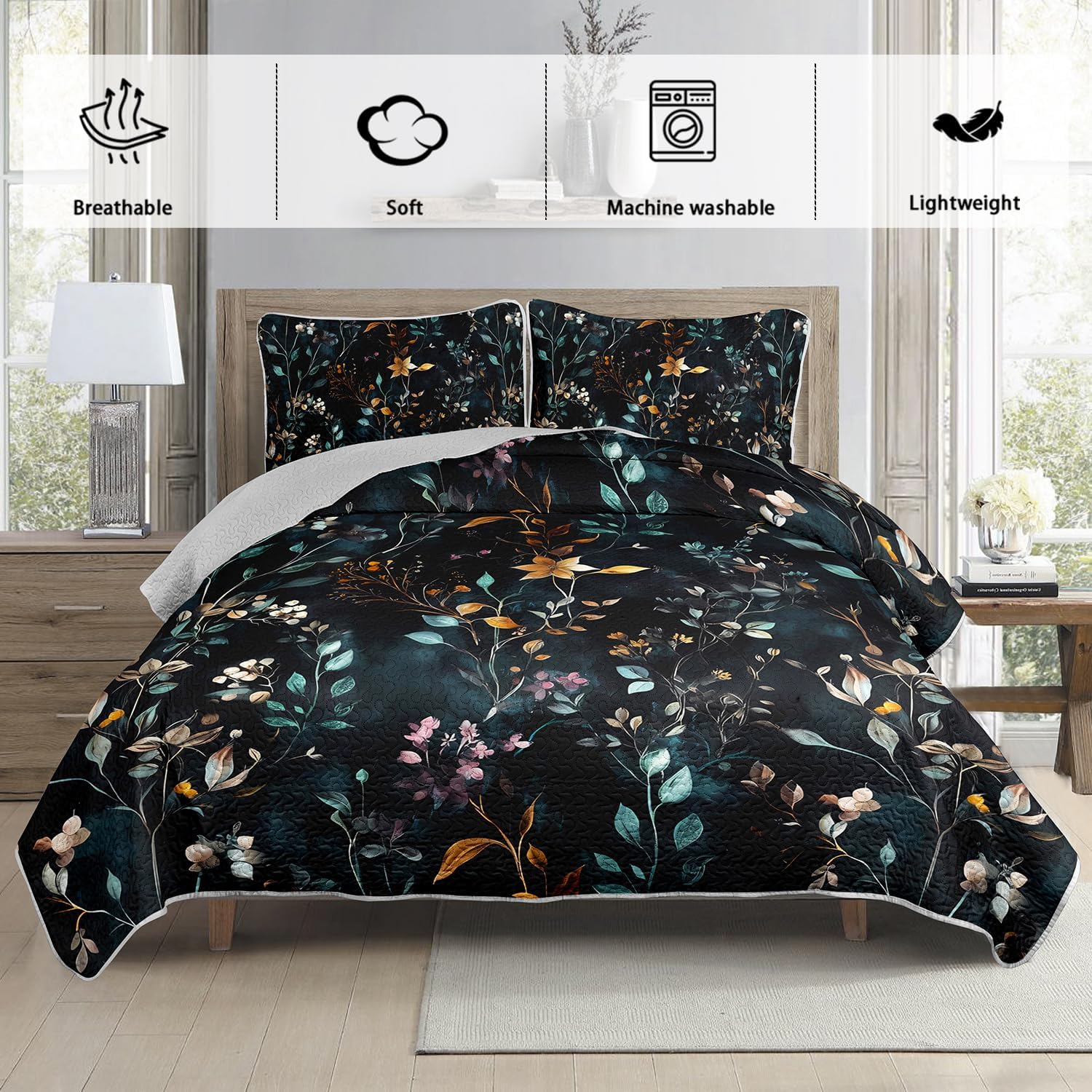 Floral Quilt Set King Size,3 Pieces Flower Parrten Bed Sets,Garden Style Soft Lightweight Bedding Set with 2 Pillowcases,Colorful Bedding for Adults Kids. - Image 3