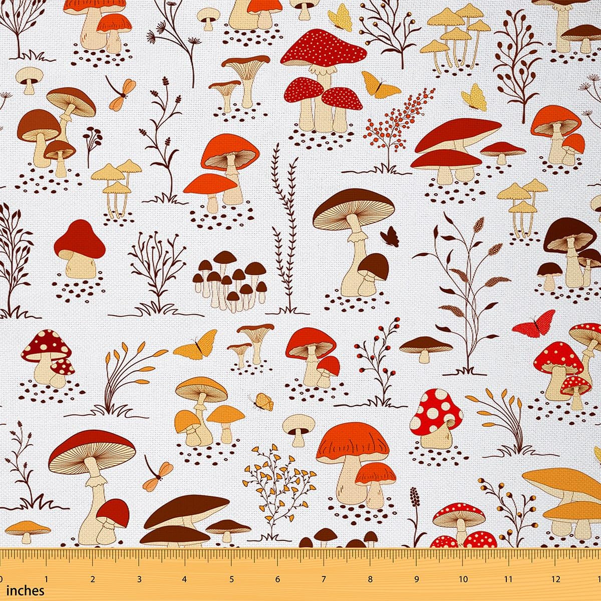 Cute Mushroom Fabric by The Yard Cartoon Red Orange Plants Decor Fabric for Kids Sewing Lovers Wild Butterfly Dragonfly Rustic Style Fabric for DIY Upholstery and Home Accents 5 Yards — image 1