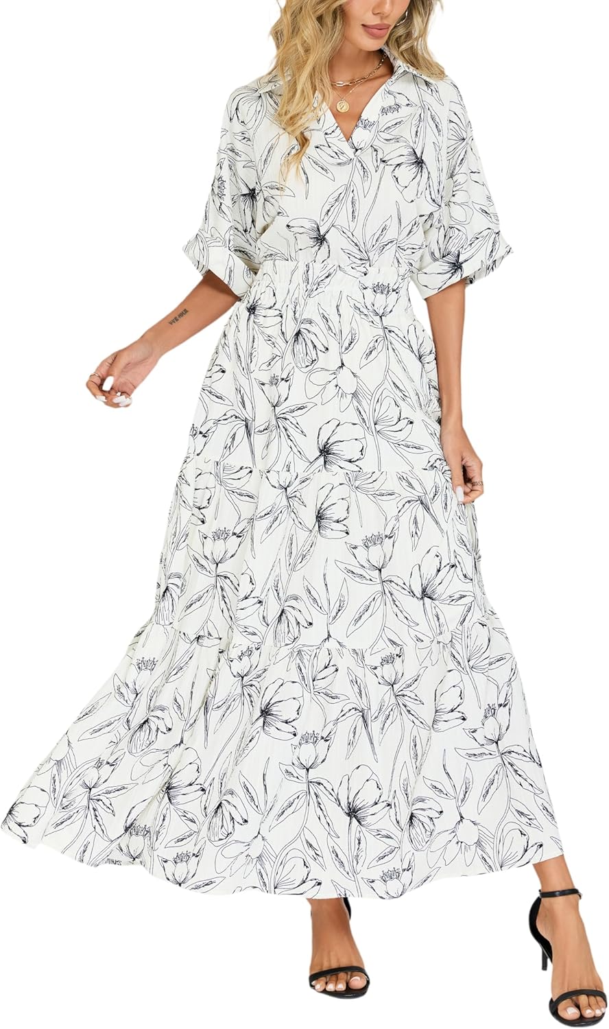 Ladyful Womens Floral Boho Maxi Dress Short Sleeve V Neck Empire Waist Swing Flowy Long Beach Vacation Dress with Pocket - Image 5