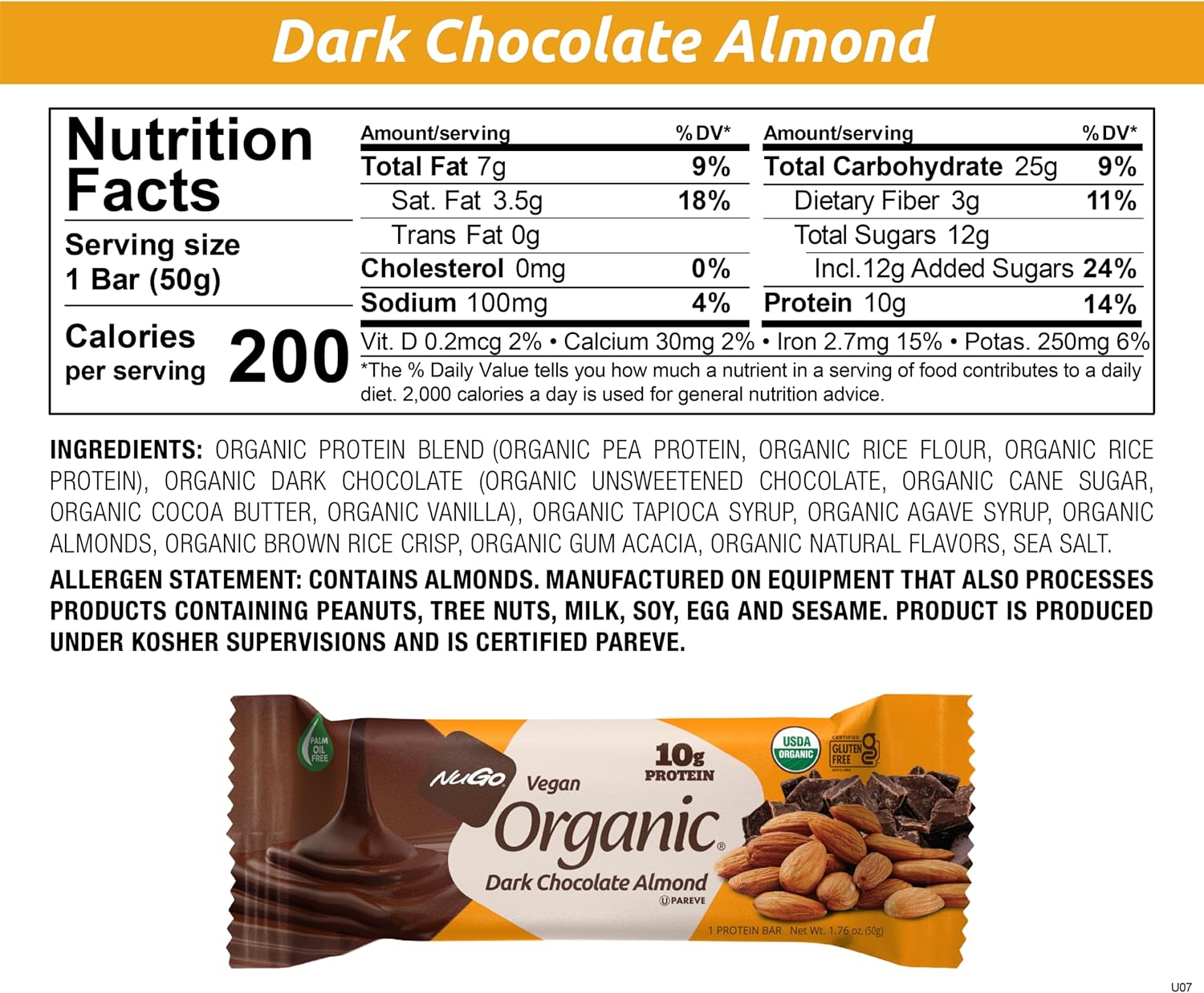 Nugo Organic Dark Chocolate Almond, 10g Vegan Protein, Gluten Free, 24 count