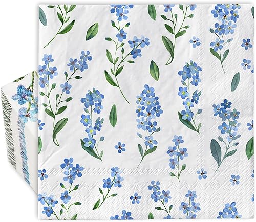 AnyDesign Paquete de 80 servilletas de almuerzo florales azules desechables de acuarela con flores de papel, servilletas de papel Forget-Me-Not