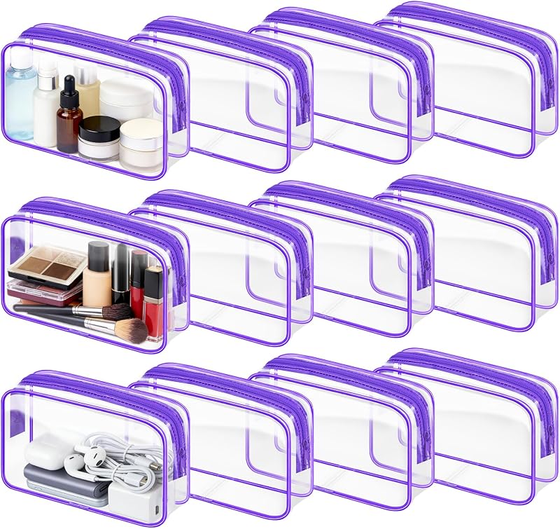 Eilyliafe 12 necessaires transparentes de PVC com zíper, roxas, tamanho médio