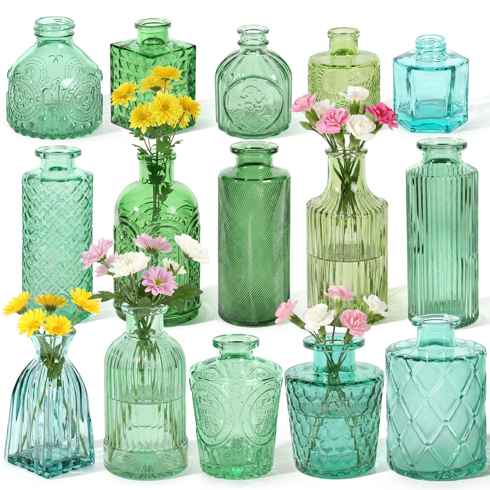 saiguomi 15-piece green textured glass bud vases herringbone