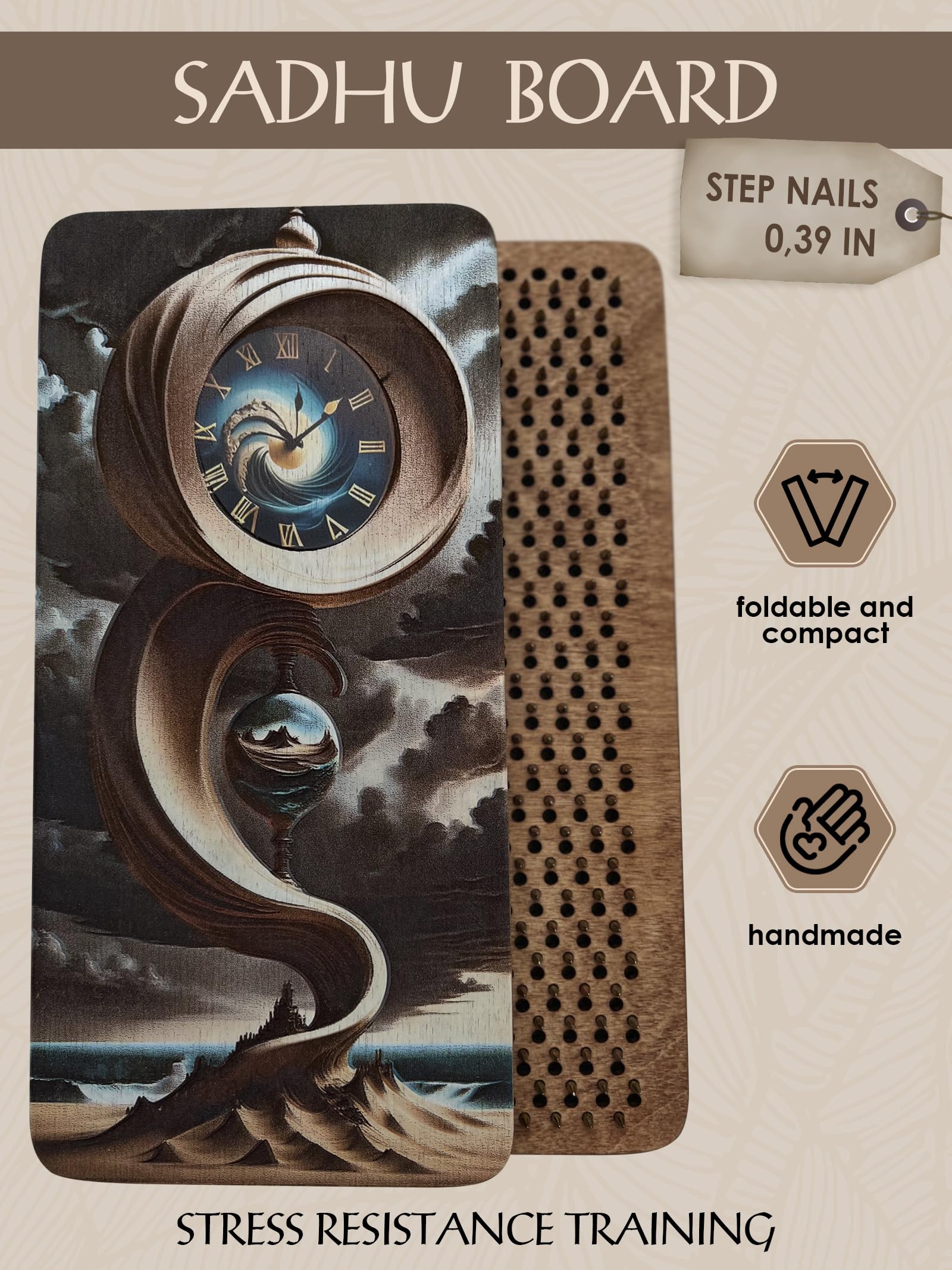 RIZONE Wooden Yoga Board for Acupressure and Meditation with Nails for Deep Tissue Massage, Sadhu Board for Yoga Practice, Acupuncture Massage, Nails Distance 0.39 in (10 mm) (time)