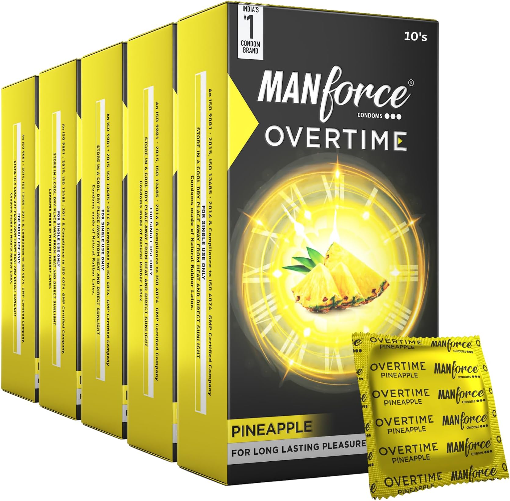 Manforce Overtime Pineapple Flavoured Condoms for Men| 50 Count (Pack of 5)| Extra Dotted for Extra Stimulation| Long-Lasting Pleasure