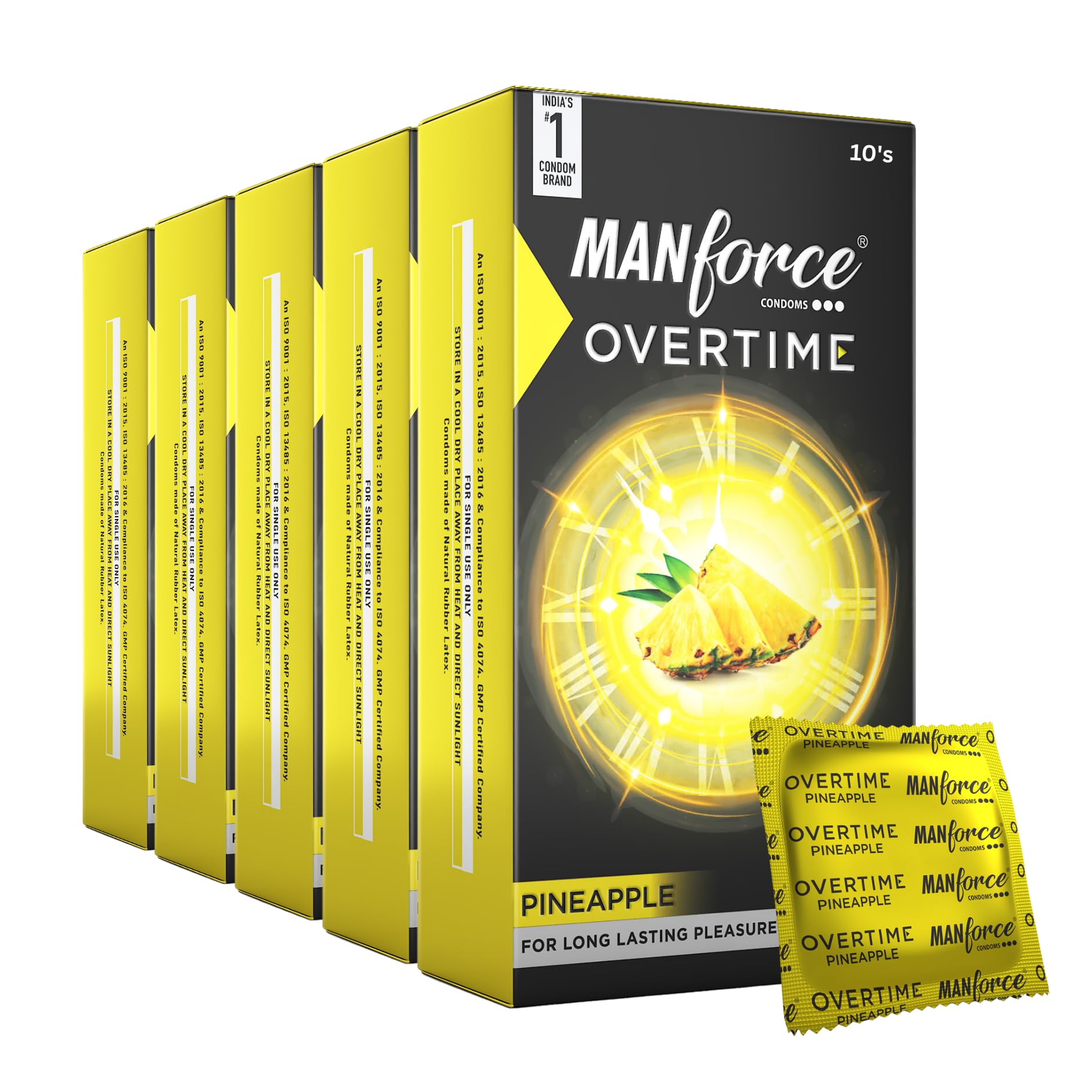 Manforce Overtime Pineapple Flavoured Condoms for Men| 50 Count (Pack of 5)| Extra Dotted for Extra Stimulation| Long-Lasting Pleasure