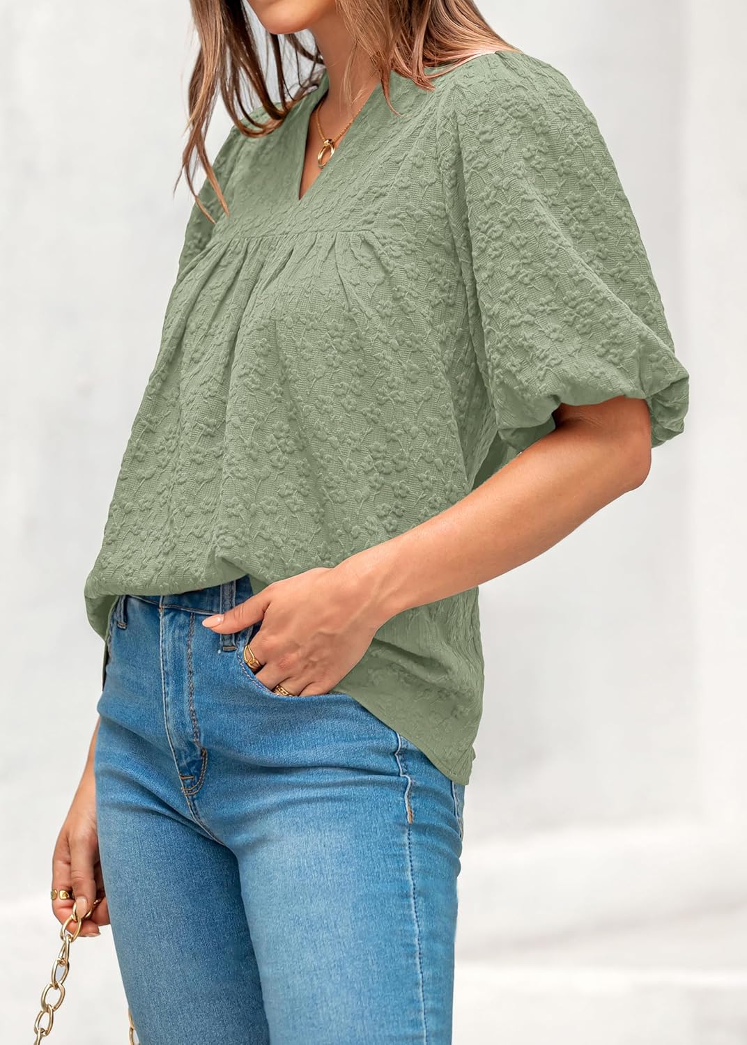 MASCOMODA Womens Summer Tops 2026 Ruffle V Neck Blouses Loose Puff Short Sleeve Jacquard Babydoll Tops Casual Dressy T-Shirts - Image 3