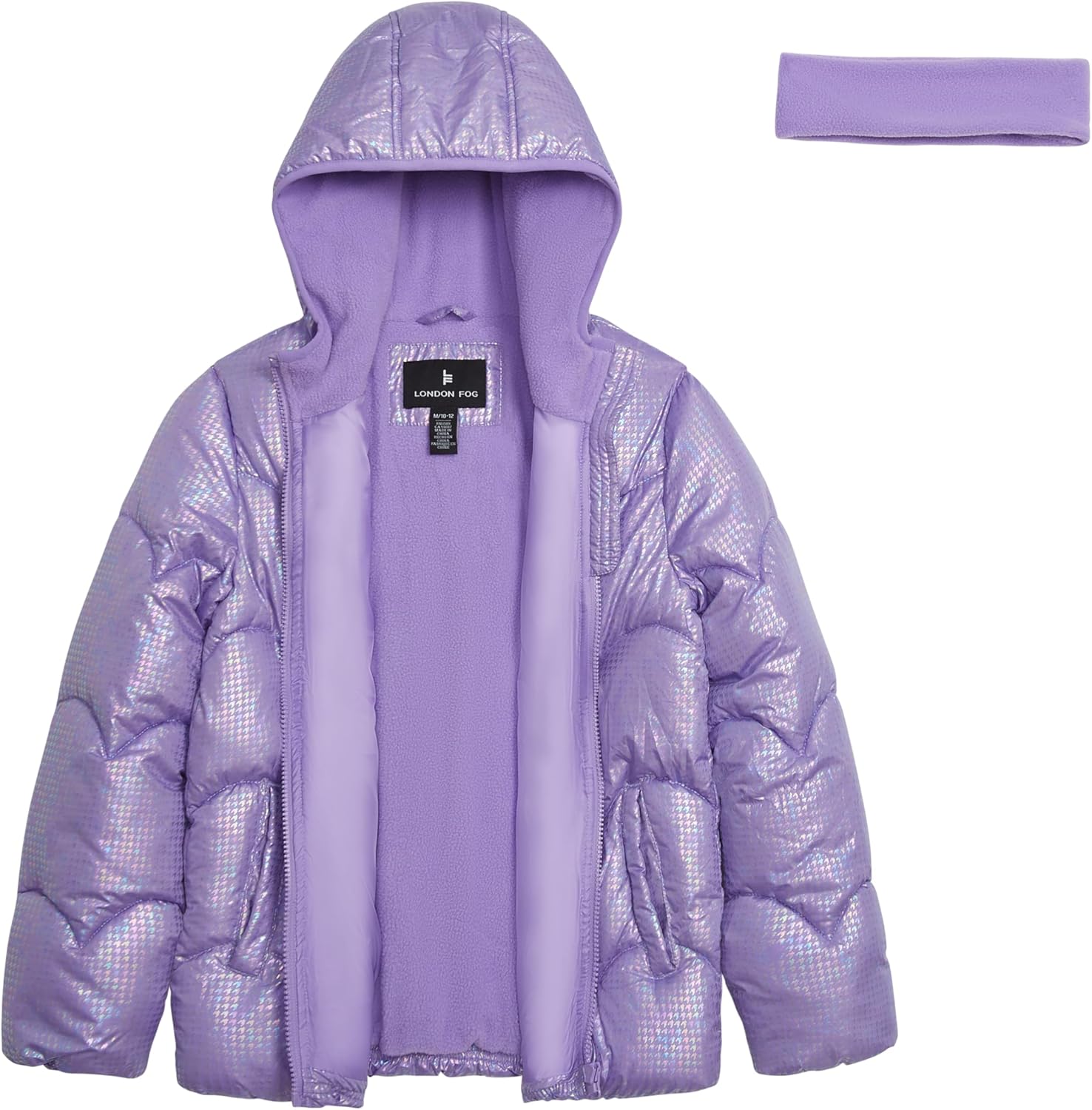 LONDON FOG Girls' Heavyweight Shimmer Puffer Jacket With Hood and Fleece Headband
