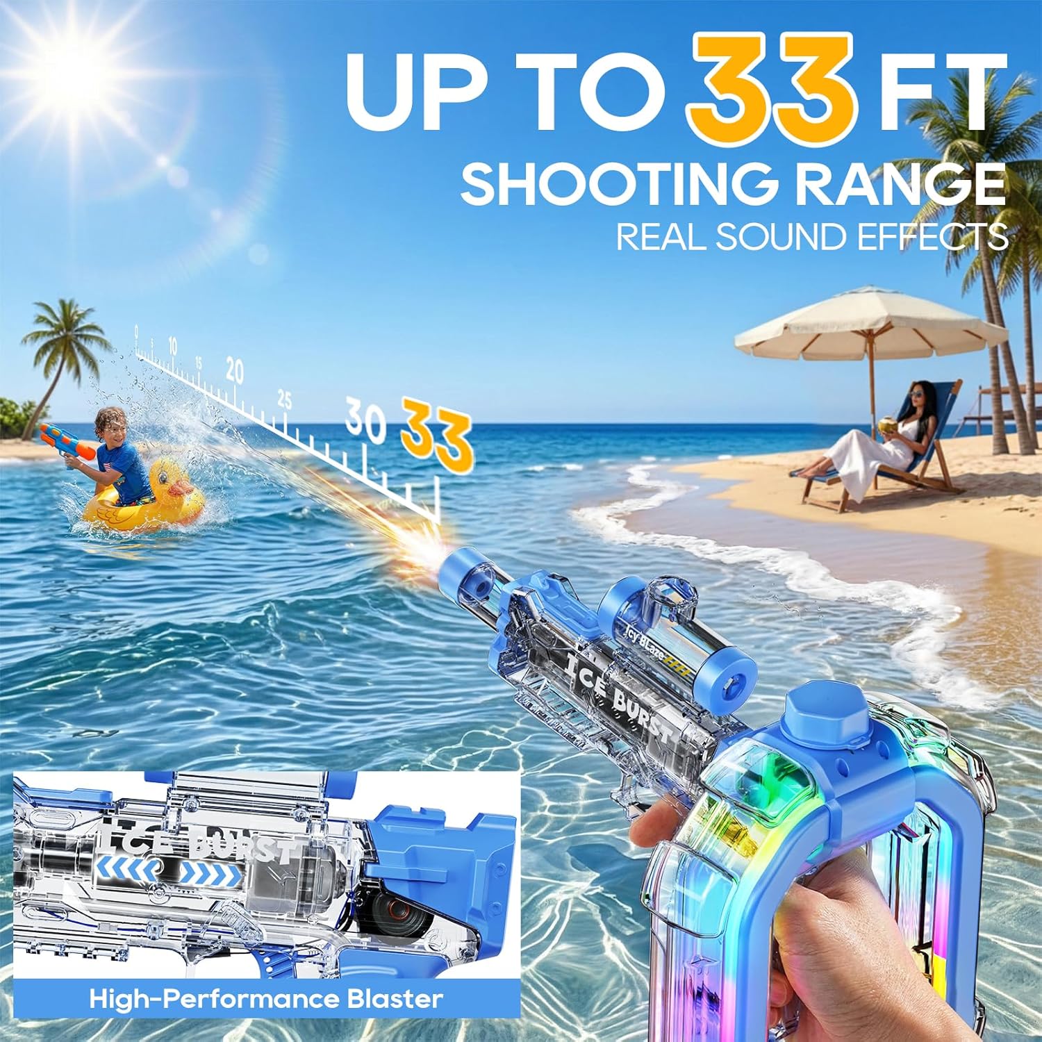 Electric Water Gun for Adults Kids, 2026 Upgraded Automatic Water Gun with 33FT Range, 900CC Tank, LED Lights Water Guns for Outdoor Pool Party Summer Toys (Blue)