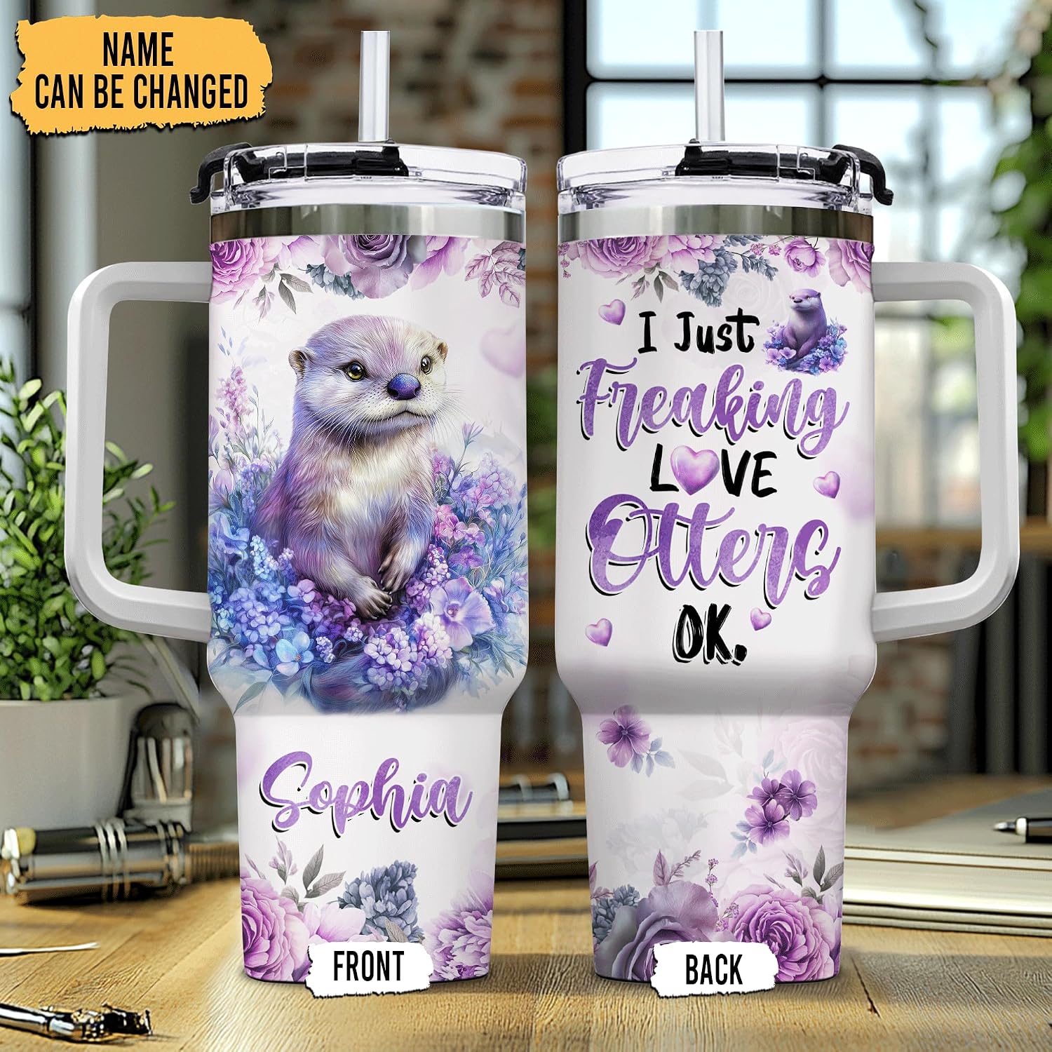 Hyturtle Personalized Otter Gifts for Women, Purple Otter 40oz Tumbler with Handle and Straw, Best Birthday Christmas Gift Ideas for Girls Custom Name Stainless Steel Travel Cup With Lid