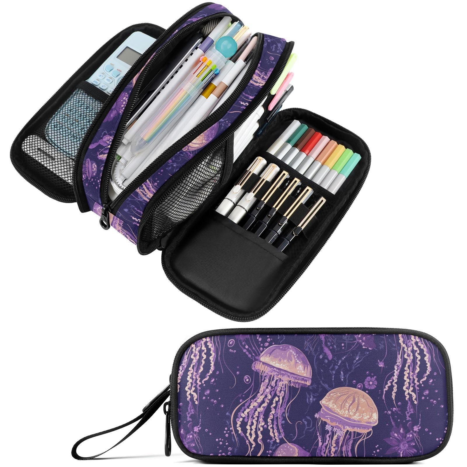 Fustylead Magical Purple Floral Jellyfish Large Pencil Bag Storage Pen Case Makeup Pouch Stationery Bag for School College Office Organizer