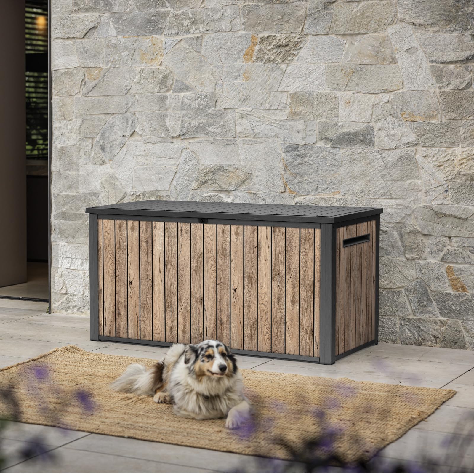 Keter Gartenbox Sierra 643L | 144x67x73 cm cm | Kunststoff in Holzoptik (Pinie) | Deckel mit Gasdruckfedern | abschließbar