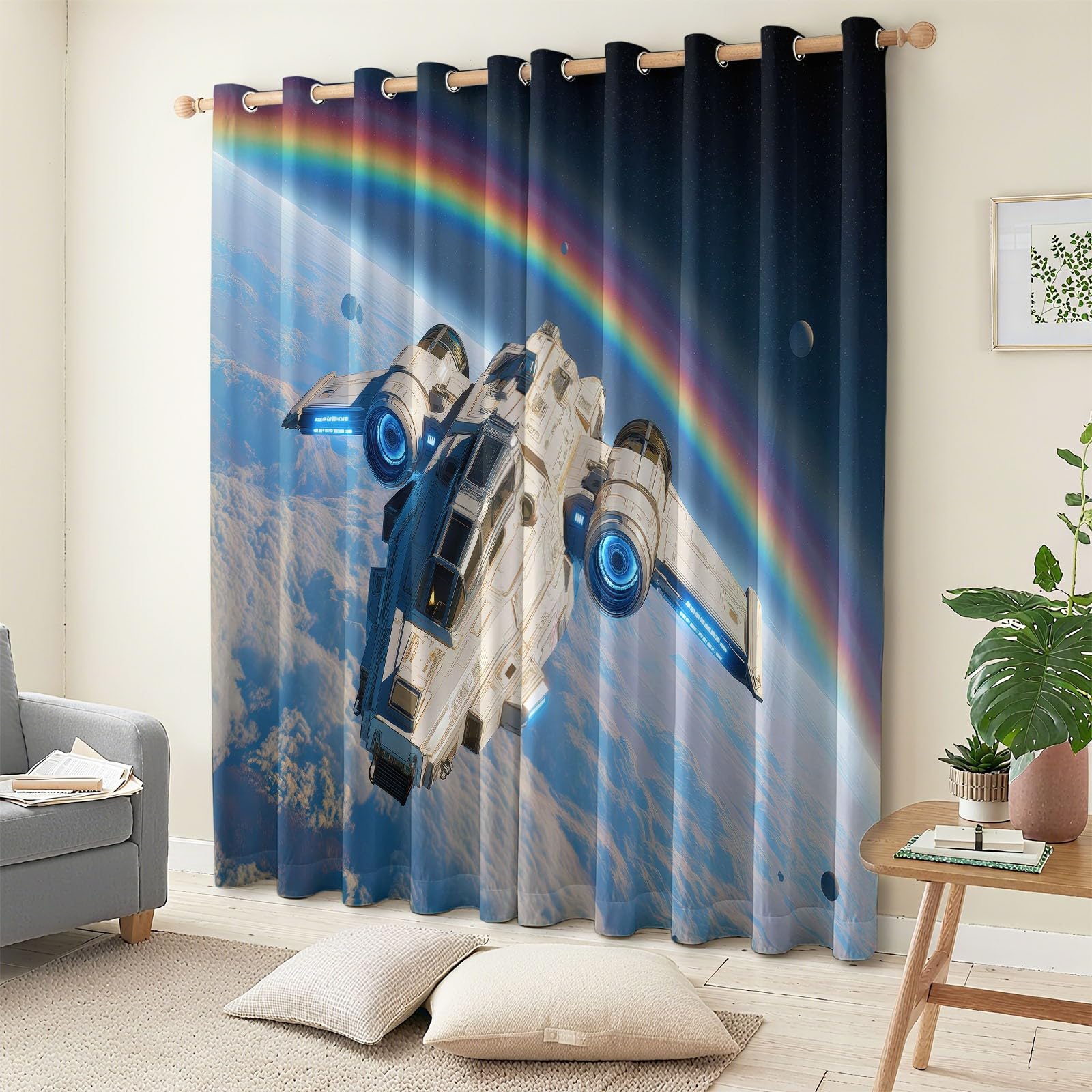 Cortinas de Ventana 140 x 260 cm (2 Paneles) Fáciles de Colgar, Universo Espacial Moderno Nave Espacial Opacas Térmicas Aislantes del Frío y del Calor, Arcoíris para Dormitorio o Sala de Estar