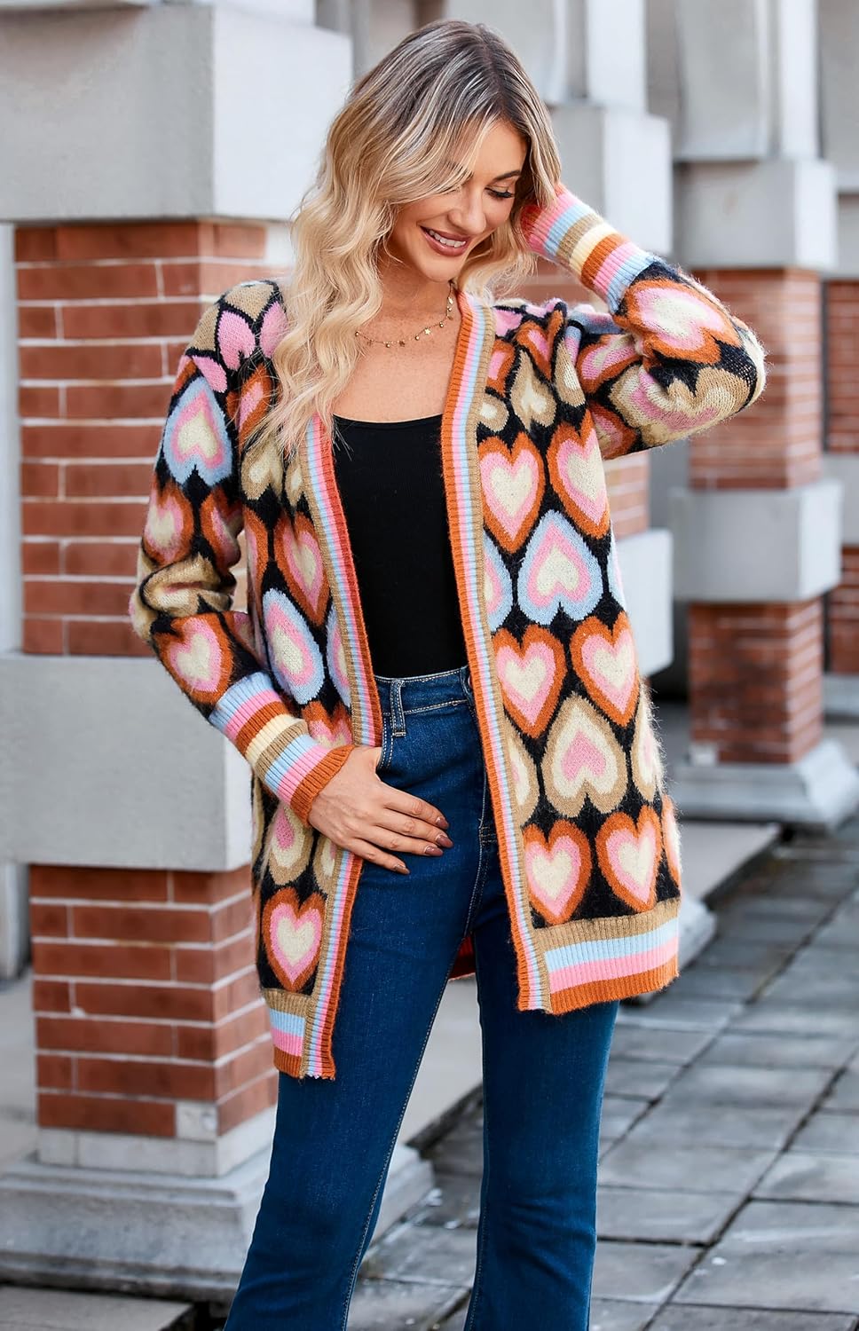 Chunky Cardigan Sweaters for Women Long Open Front Color Block Knitted Heart Cardigan Valentine Sweater - Image 3