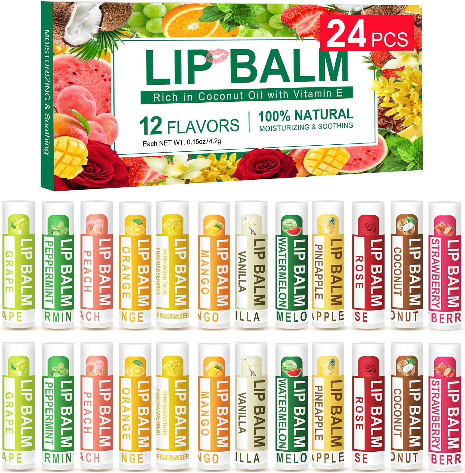 24 Pack Lip Balm, Natural Lip Balm Bulk with Vitamin E and Coconut Oil, Moisturizing Lip Care Product for Chapped Lips, Mothers Day Gifts and Teacher Appreciation Gifts
