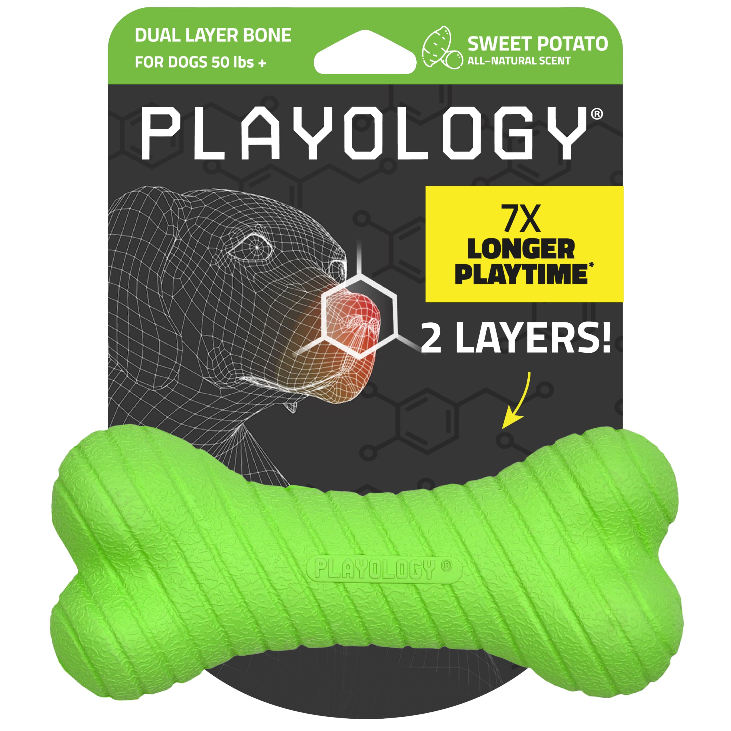 Playology Kauspielzeug für Hunde, zweilagig, Knochen, Jumbo, Süßkartoffelduft | Gummi-Konstruktion, natürlicher Duft, robustes Design