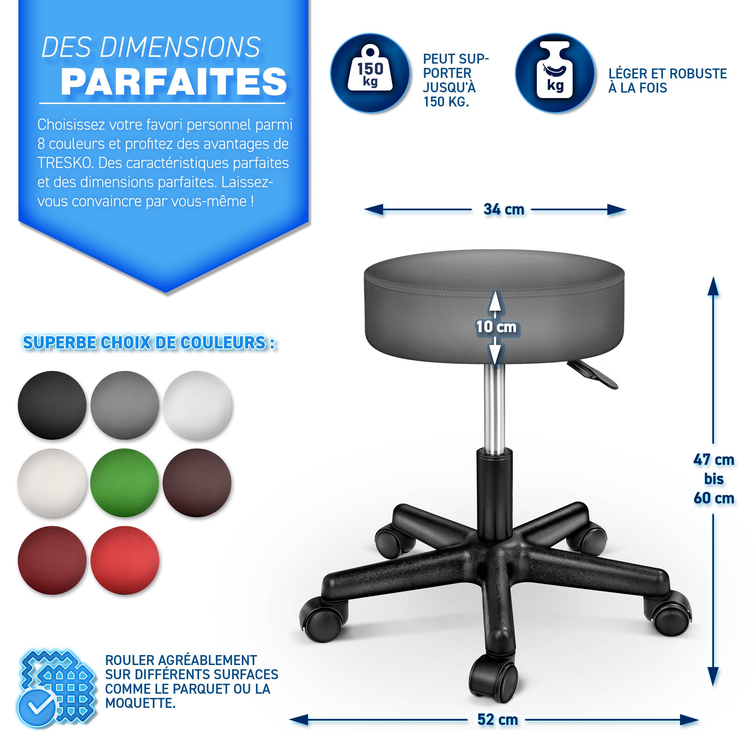 TRESKO Tabouret de Travail Tabouret à roulettes siège pivotant par 360 degrés, Rembourrage de 10 cm, de 8 Couleurs différentes (Gris)